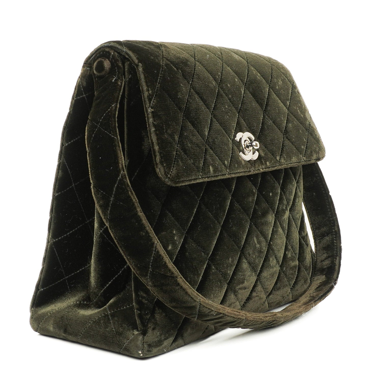 Chanel Velvet Quilted Flap Shoulder Bag Olive Green