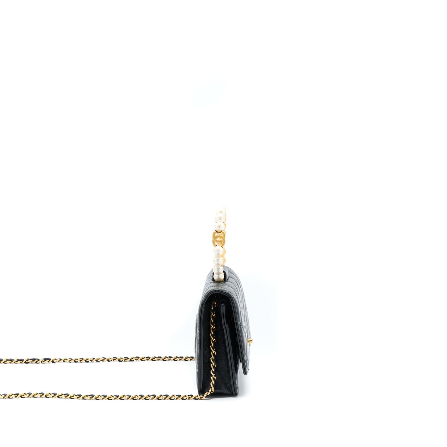 Chanel 21S Wallet On Chain With Pearl/CC logo Round Handle Lambskin Black Brushed
