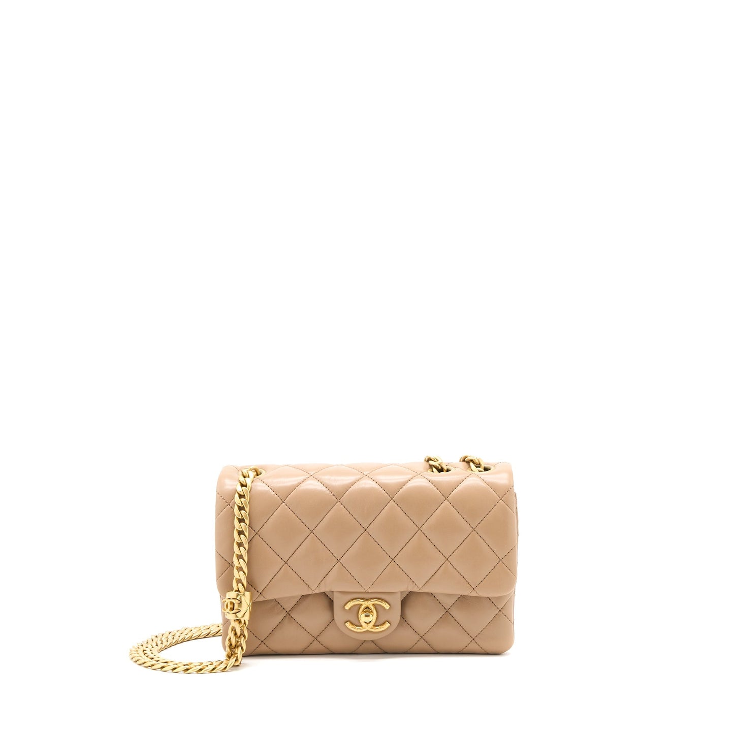 Chanel 22K Gold Pillar Adjustable Chain Flap Bag Lambskin Beige  (Microchip)