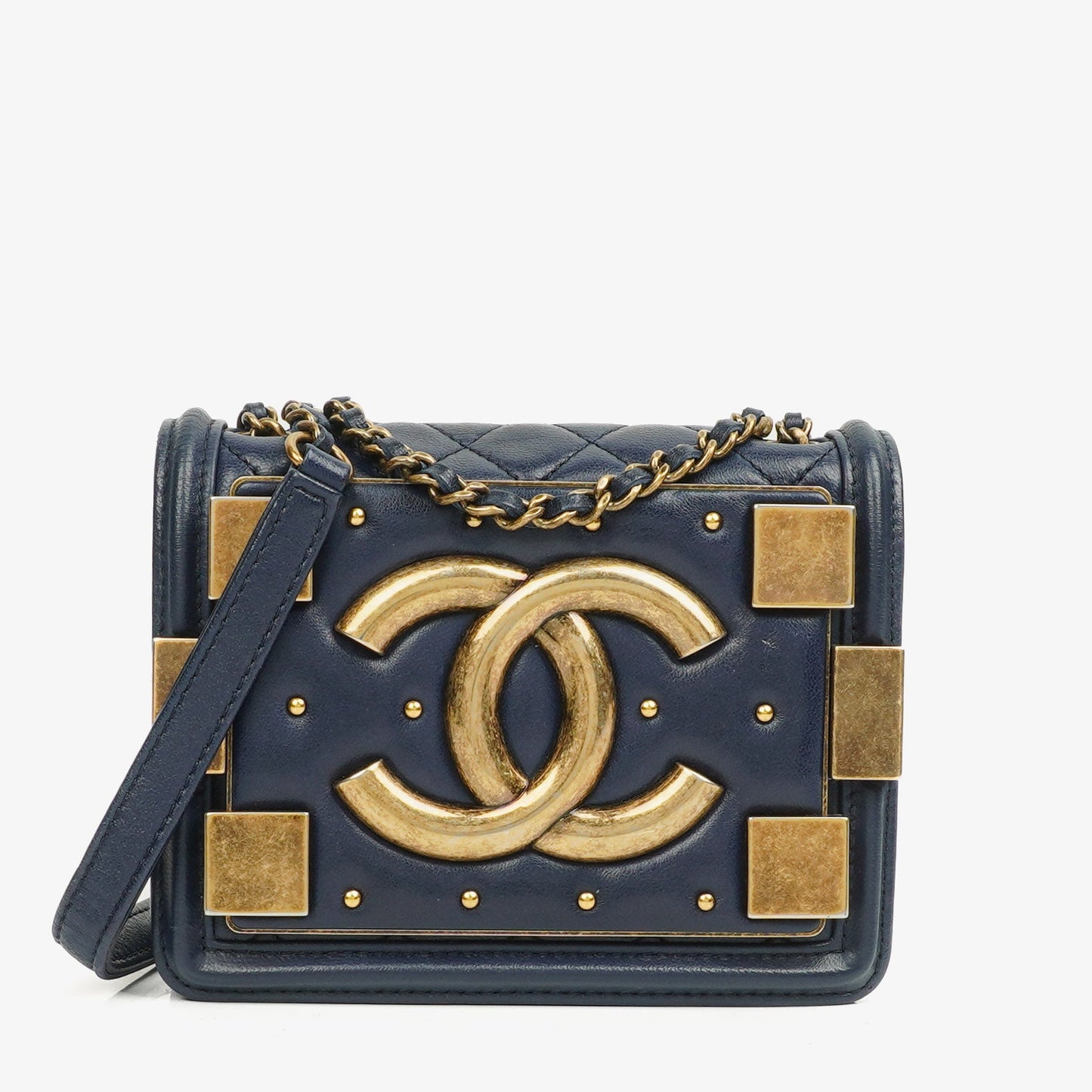 Chanel Navy Quilted Lambskin Studded Boy Brick Flap Bag