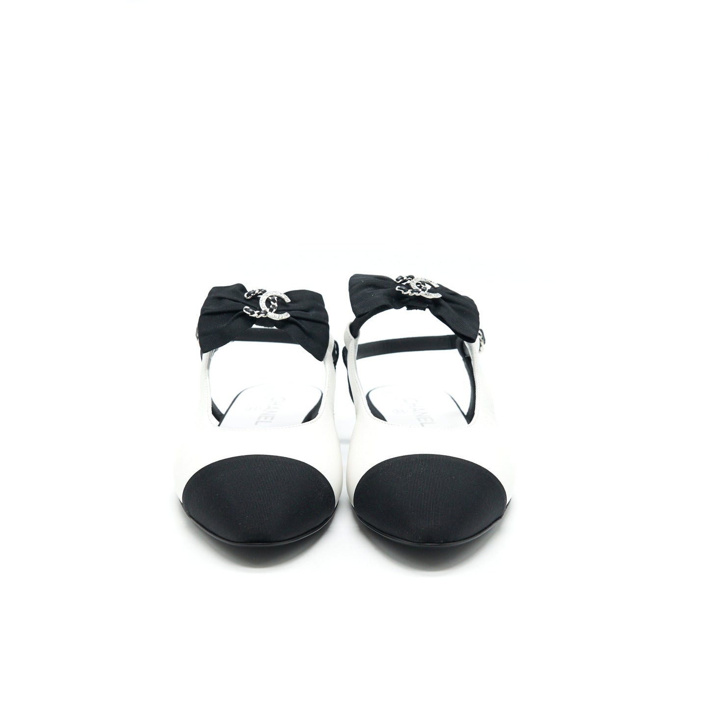 CHANEL Slingback Flats With Ribbons White and Black Size38.5 Handbag