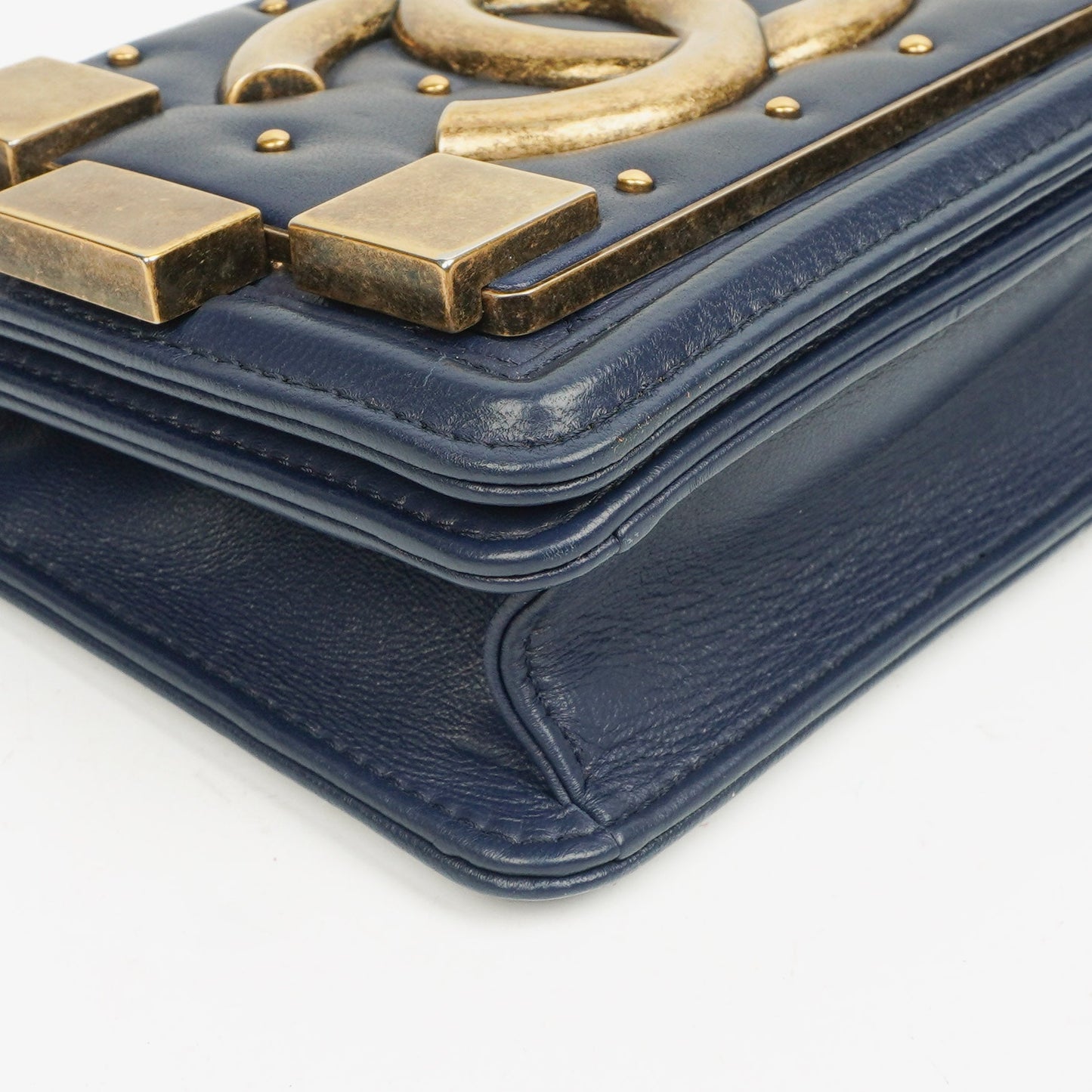 Chanel Navy Quilted Lambskin Studded Boy Brick Flap Bag