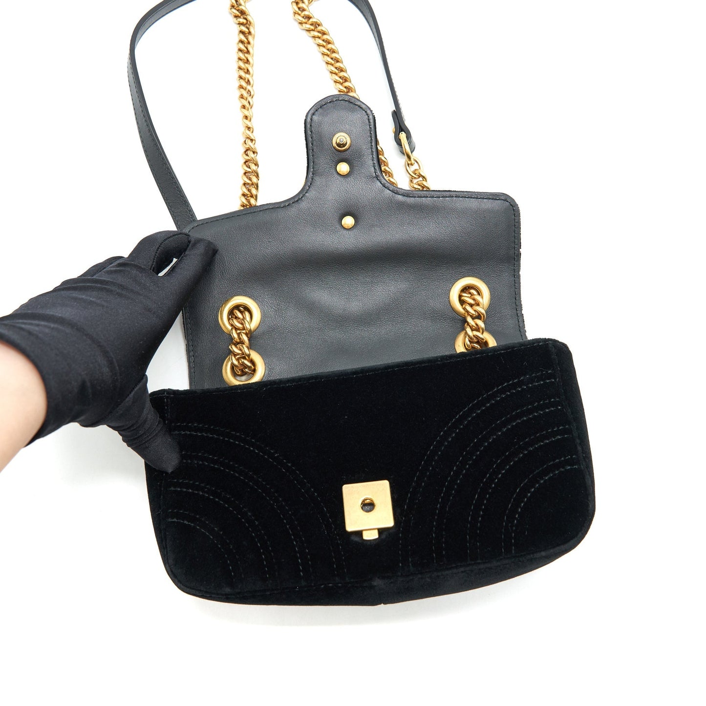 GUCCI VELVET MINI GG MARMONT BAG BLACK