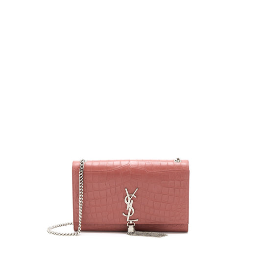 Saint Laurent Medium Kate Crocodile-Embossed Calfskin Pink