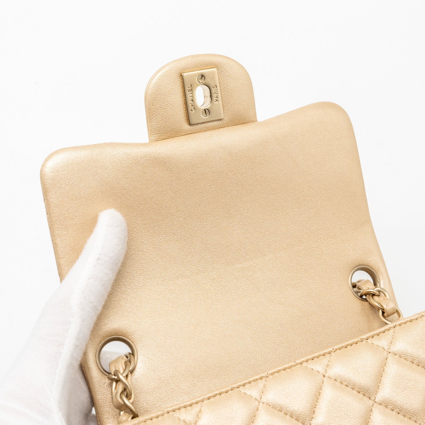 Chanel mini square flap bag lambskin gold