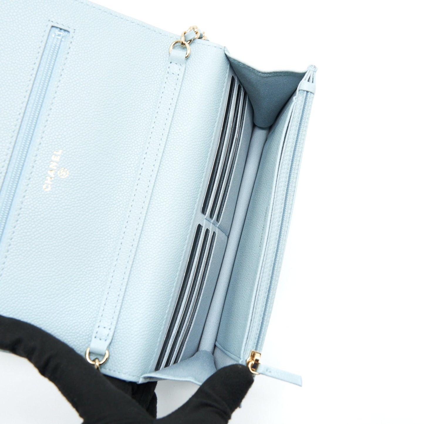 Chanel 22P Wallet On Chain With CC Logo Chain Caviar Light Blue L