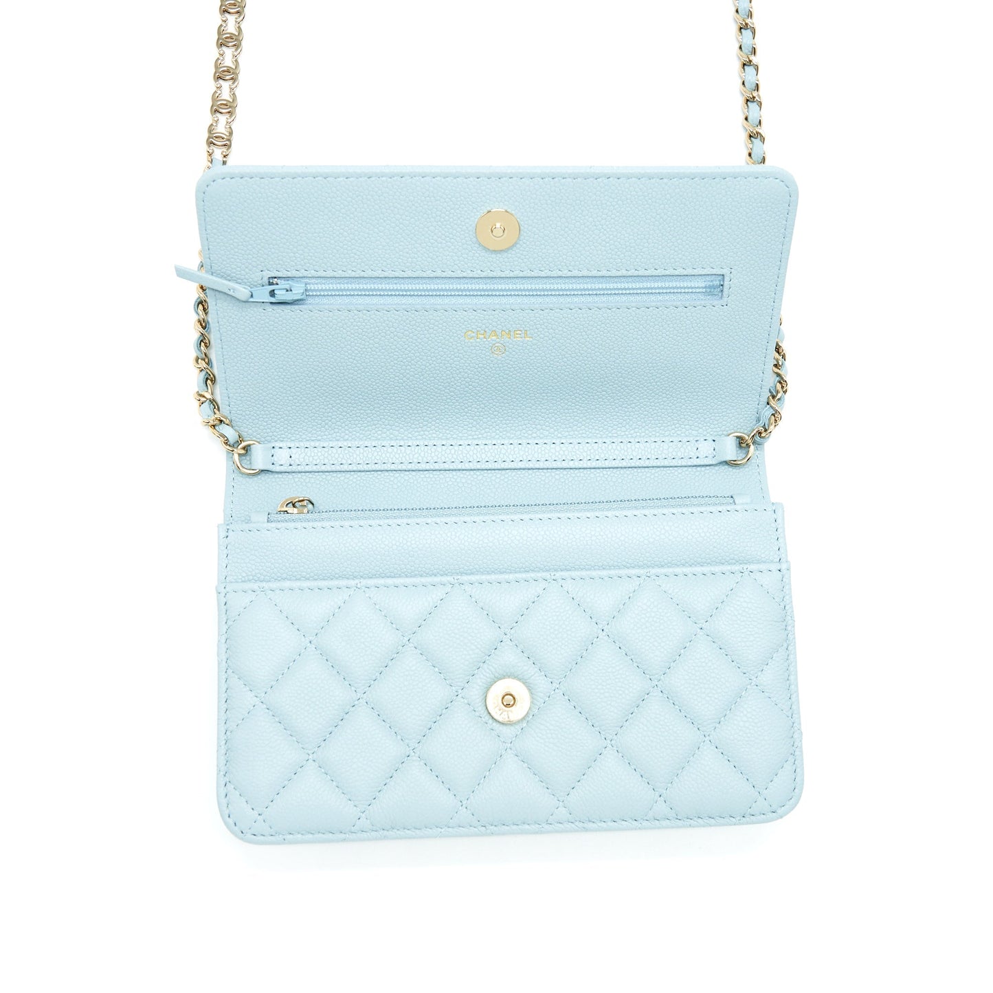 Chanel 22P Wallet On Chain With CC Logo Chain Caviar Light Blue L