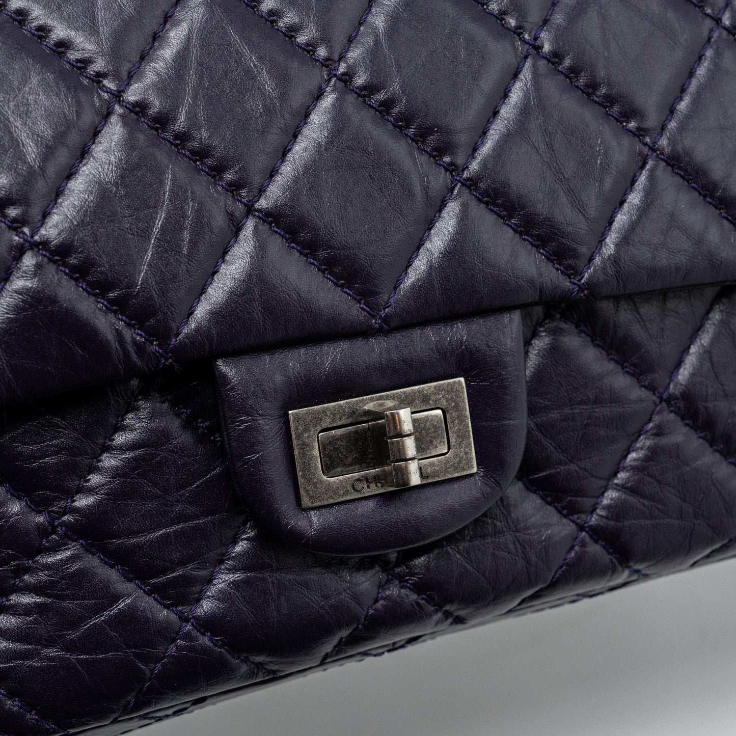 CHANEL Large 2.55  REISSUE FLAP BAG AGED CALFSKIN DARK PURPLE RUTHENIUM HARDWARE