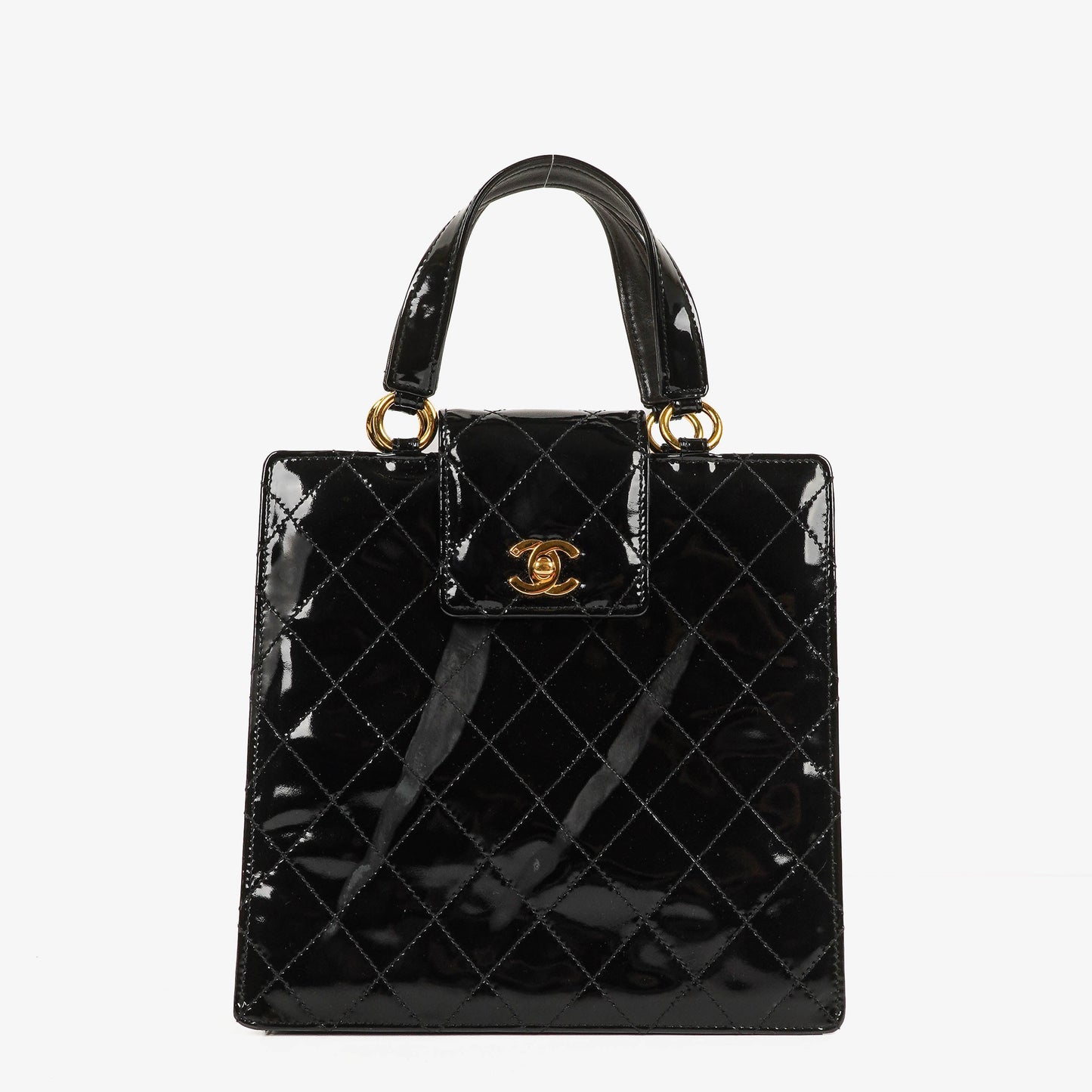 Chanel CC Black Quilted Patent Leather Handbag With 24K Gold-Plated Hardware