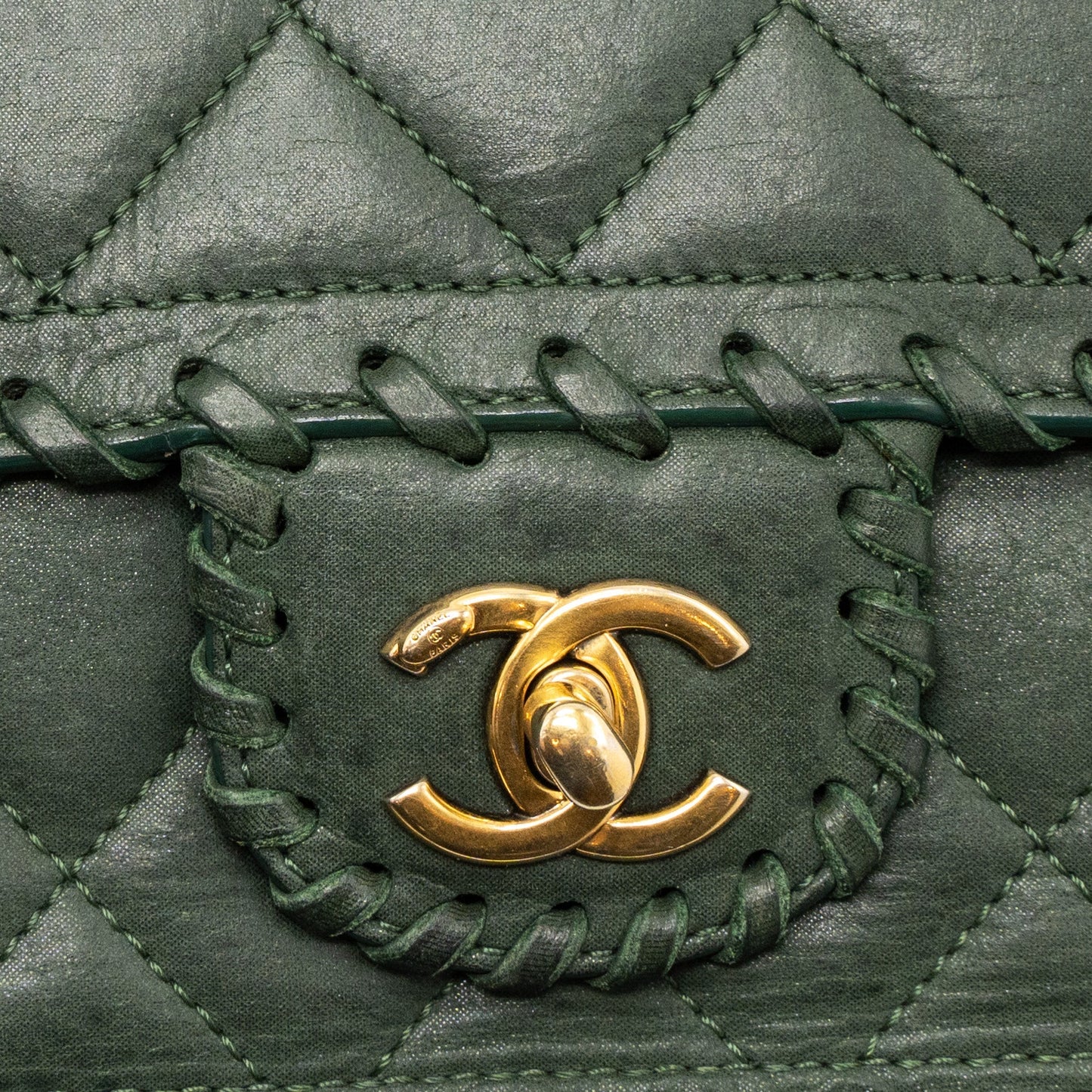Chanel quilted flap bag calfskin green ruthenium