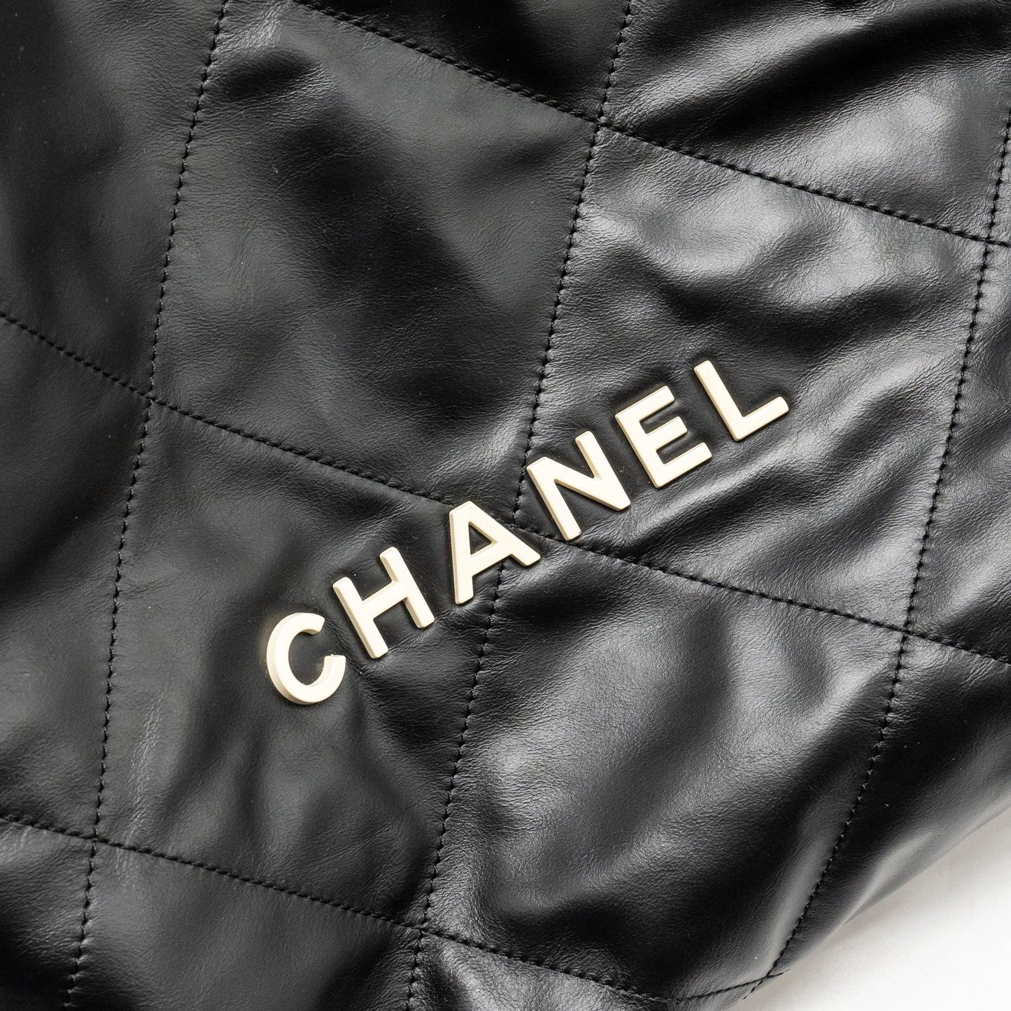 Chanel 22 Backpack White Letter Logo Shiny Calfskin Black  (Microchip)