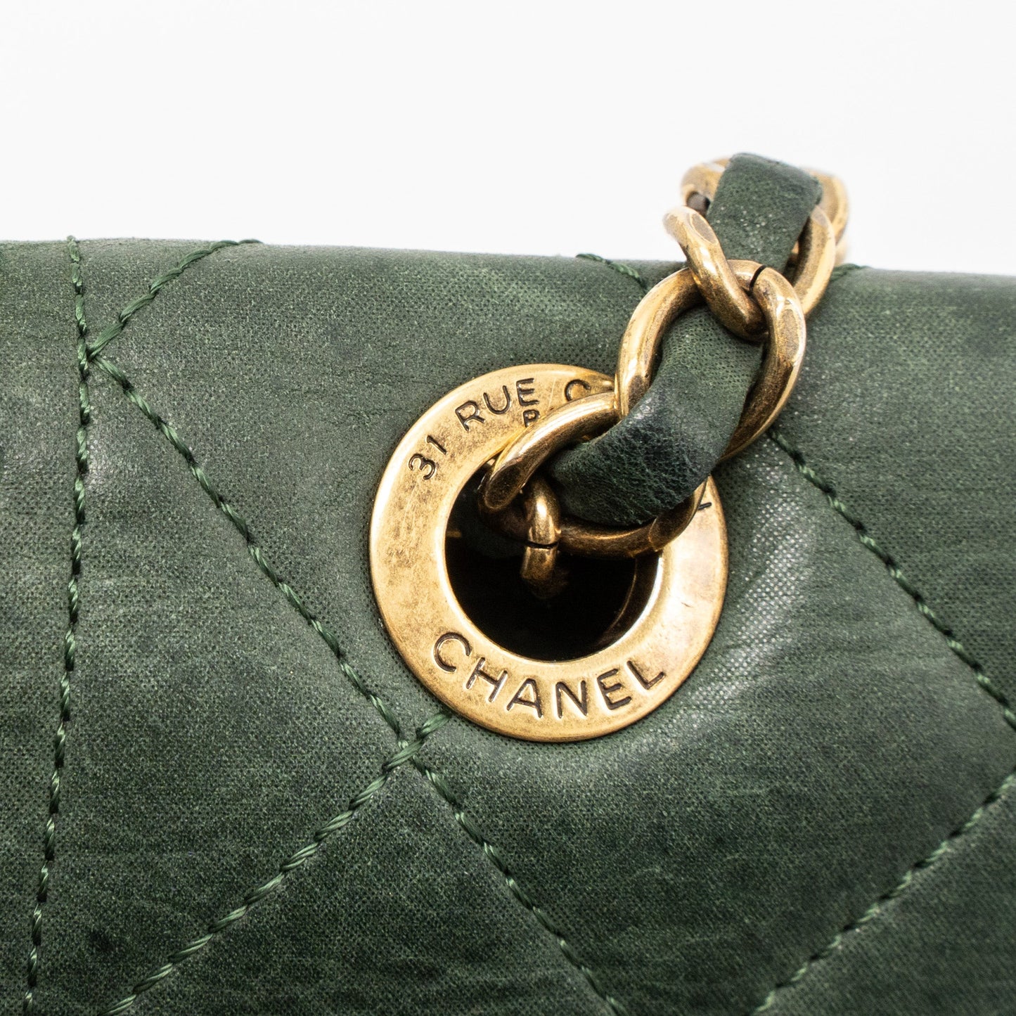 Chanel quilted flap bag calfskin green ruthenium