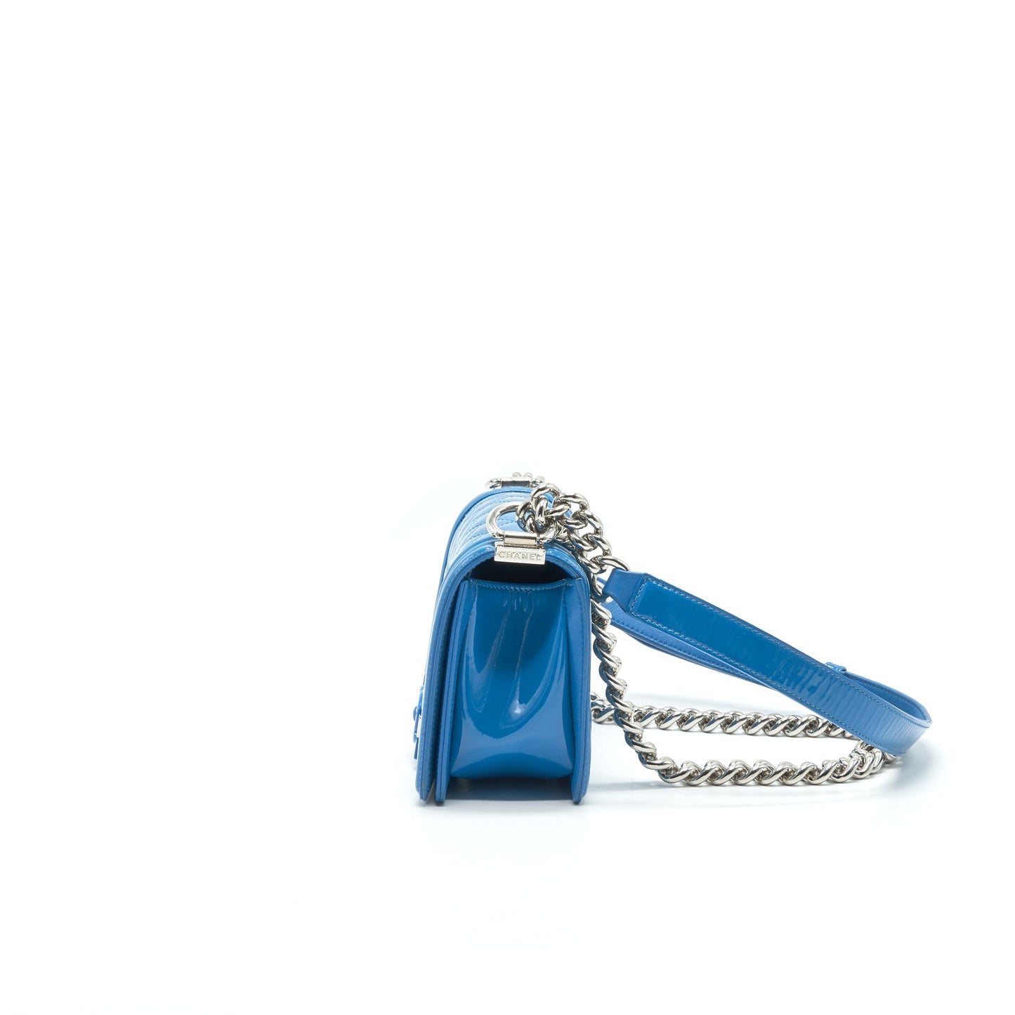 CHANEL SMALL LE BOY BAG IN PATENT LEATHER BLUE