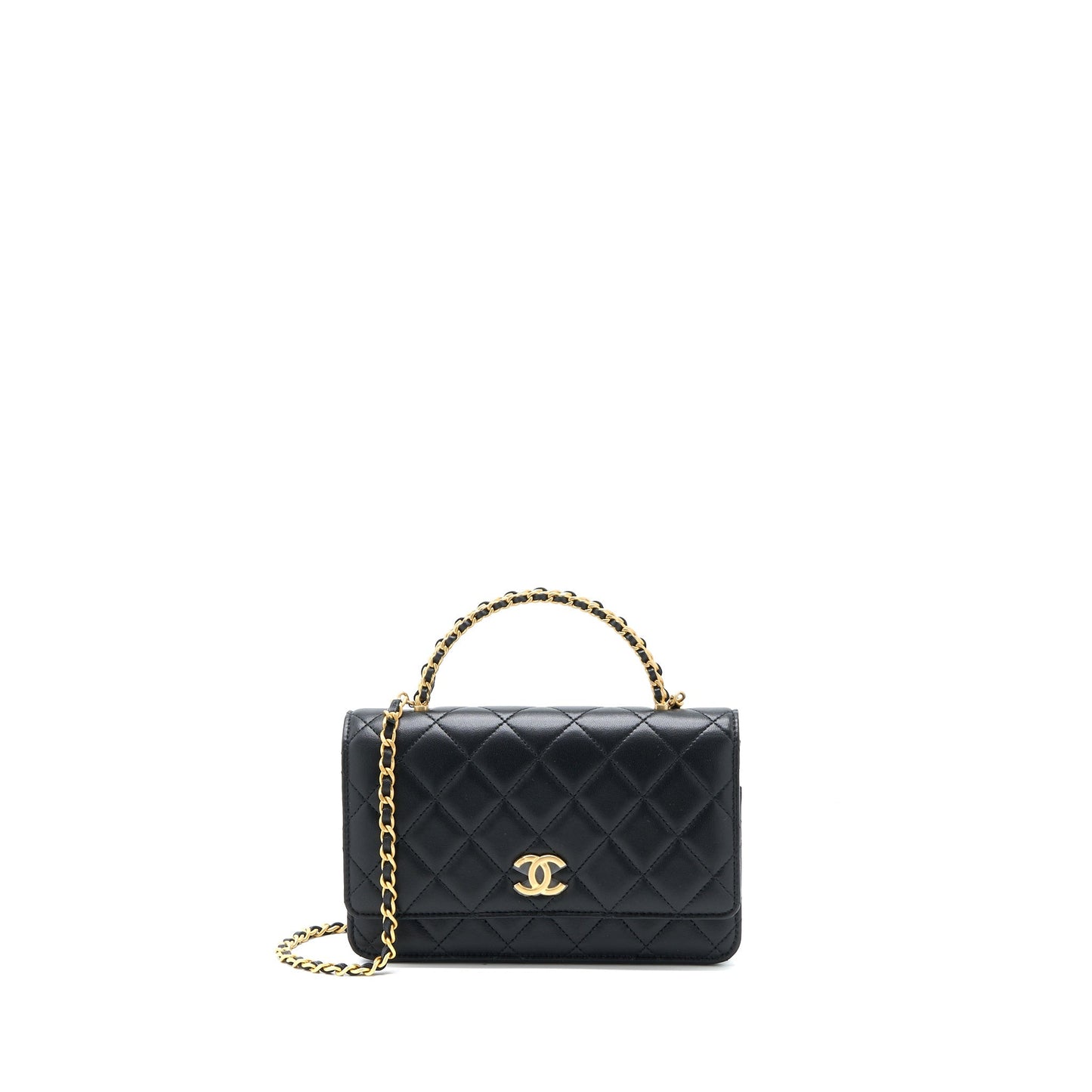 Chanel Top Handle Wallet On Chain Lambskin Black Brushed  (Microchip)