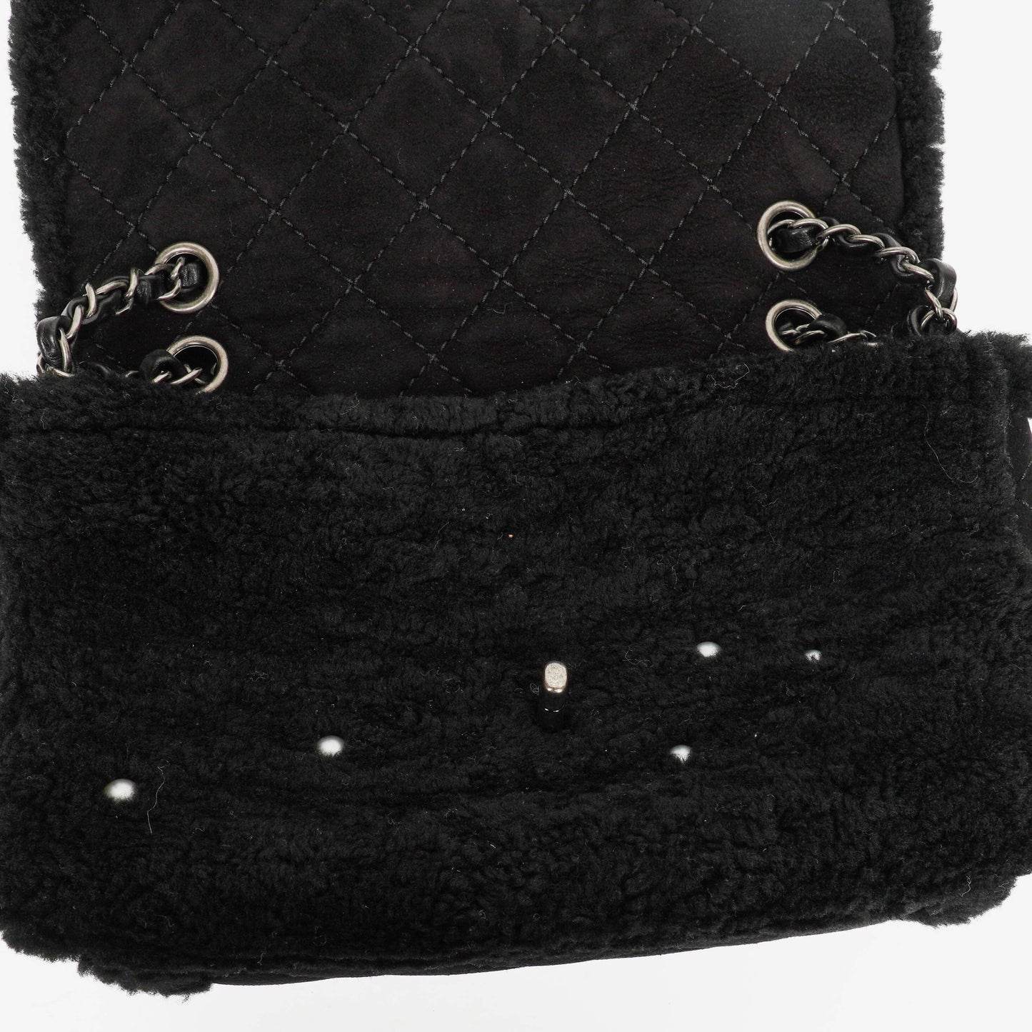 Chanel Medium Black Shearling Pearl Flap Bag