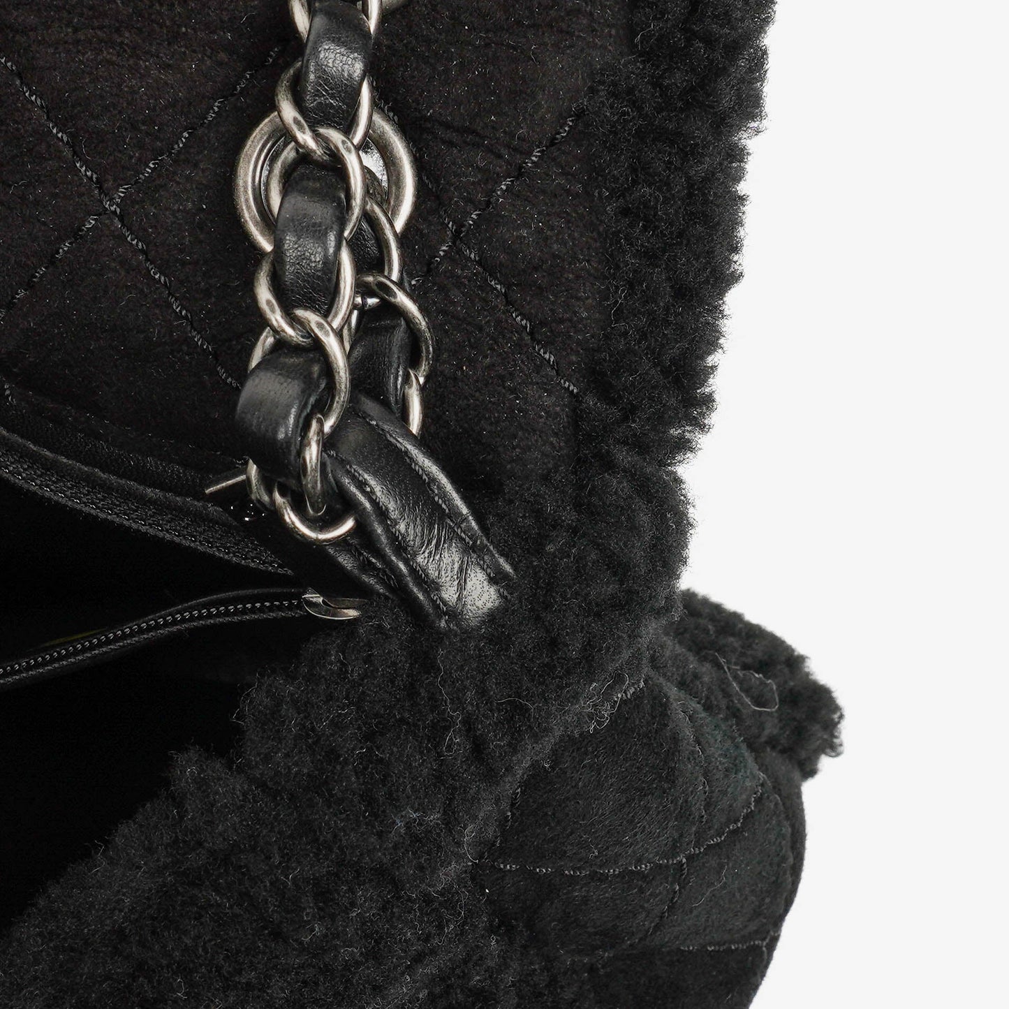Chanel Medium Black Shearling Pearl Flap Bag