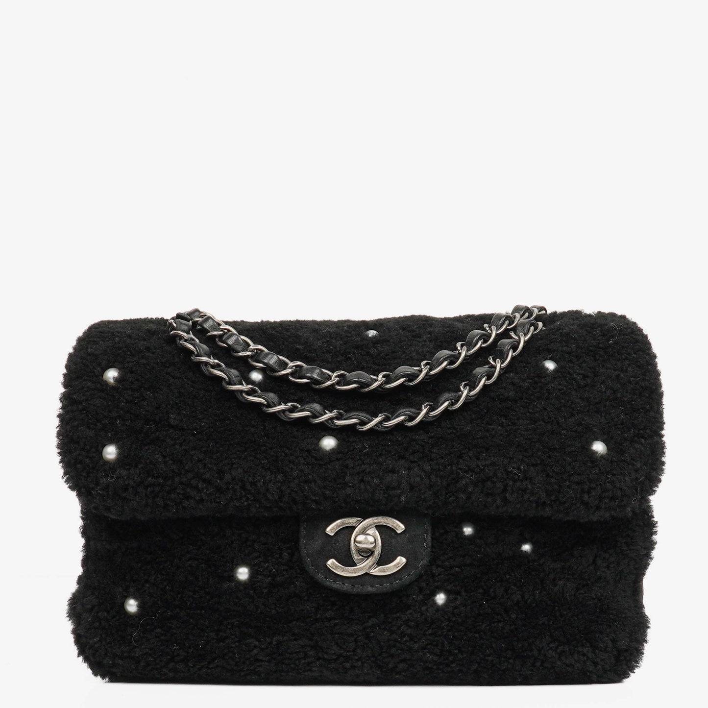 Chanel Medium Black Shearling Pearl Flap Bag