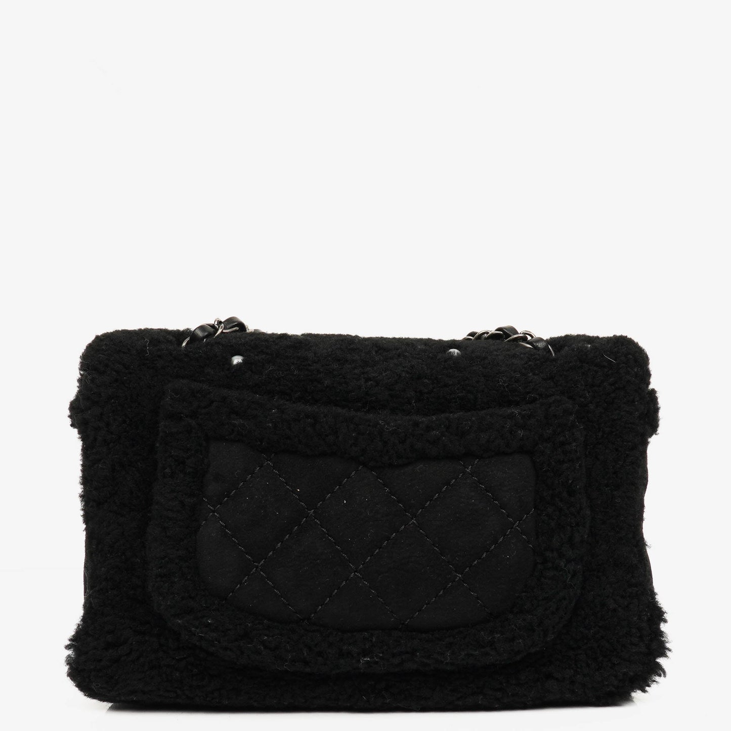 Chanel Medium Black Shearling Pearl Flap Bag