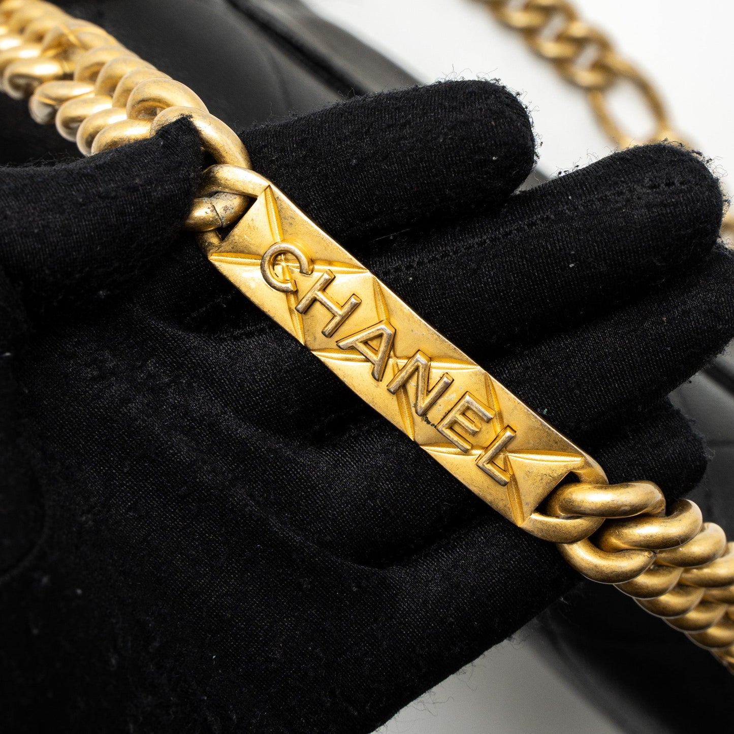 Chanel Flap Bag With Detail Chain Grained Calfskin Black Brushed  (Microchip)