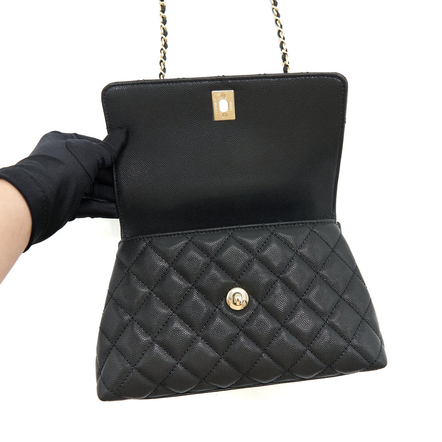 Chanel Small Coco Handle Caviar Black L With Red Embossed Handle