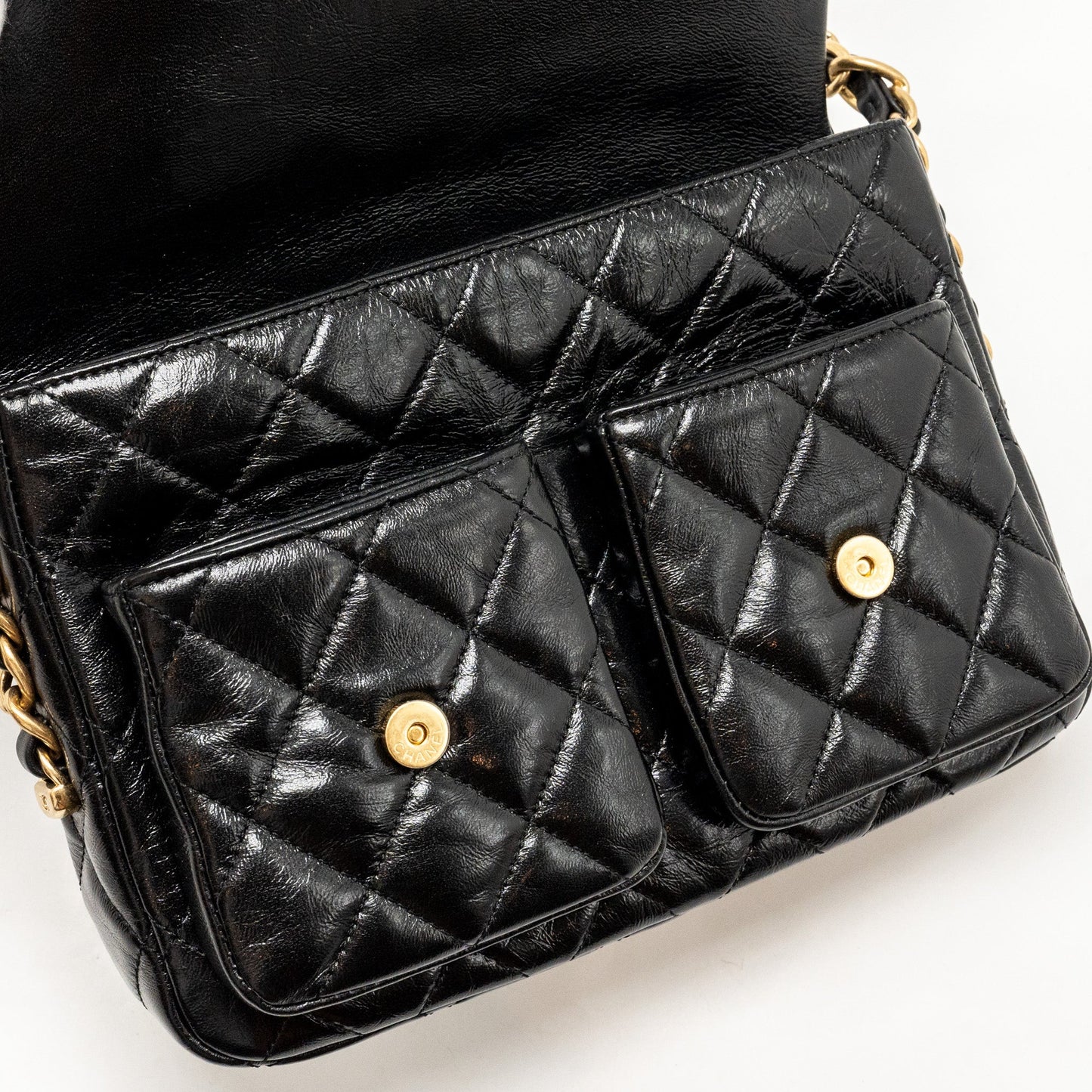 Chanel Double pocket top handle messanger bag shiny calfskin black  (microchip )