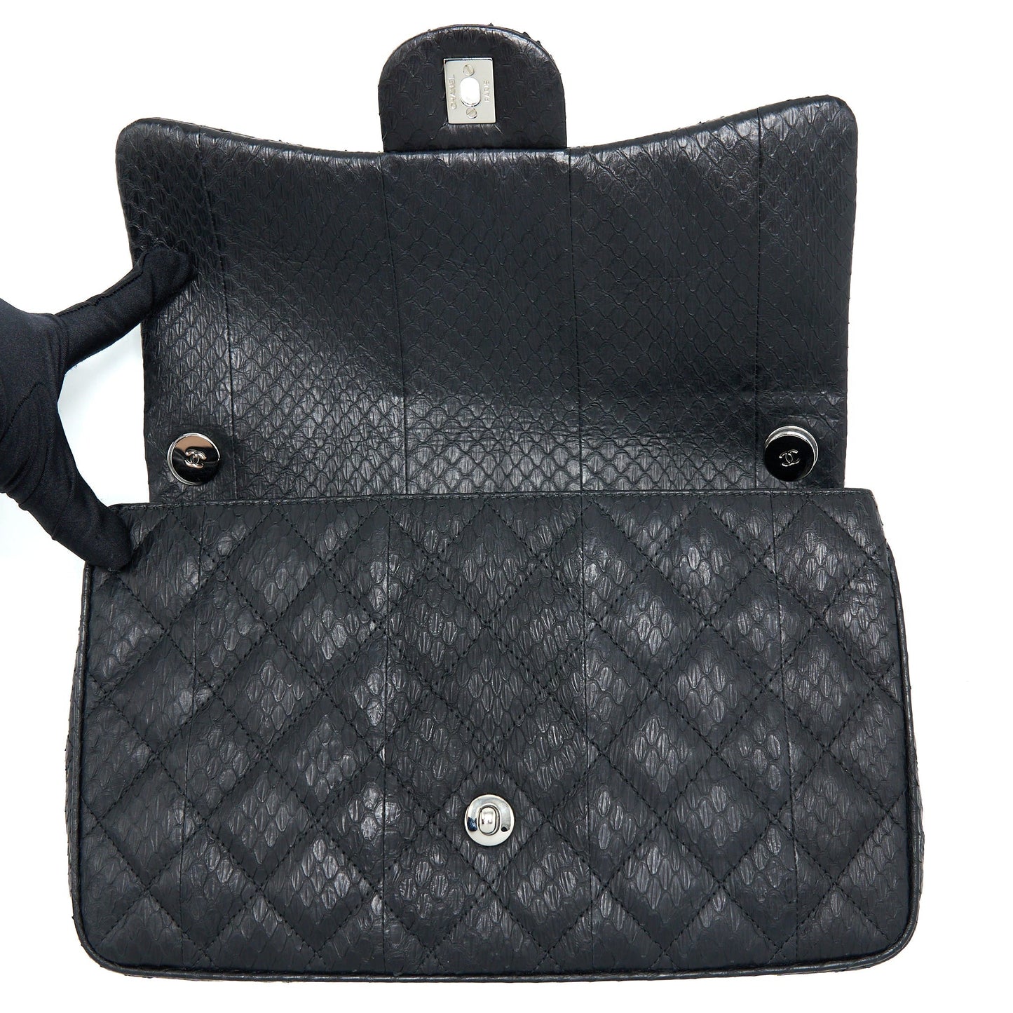 Chanel Top Handle Flap Bag Python Black