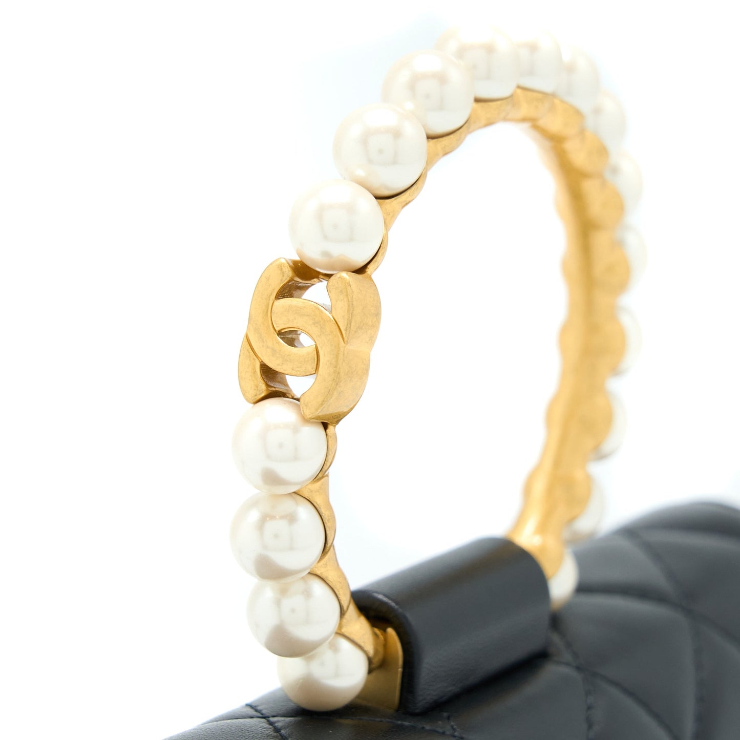 Chanel 21S Wallet On Chain With Pearl/CC logo Round Handle Lambskin Black Brushed