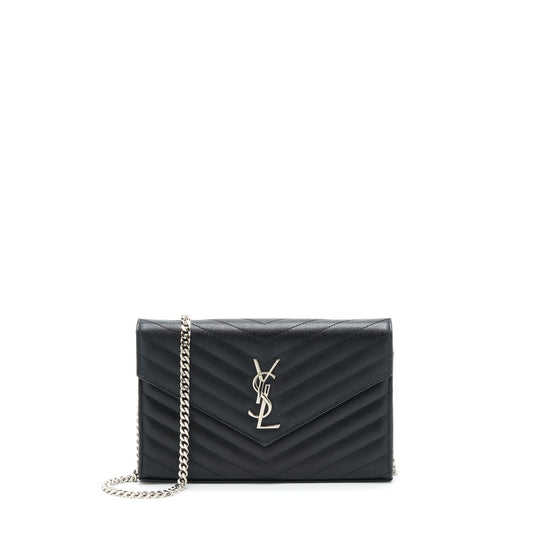 Saint Laurent/ Chain Wallet Crossbody Purse Grain Calfskin Black