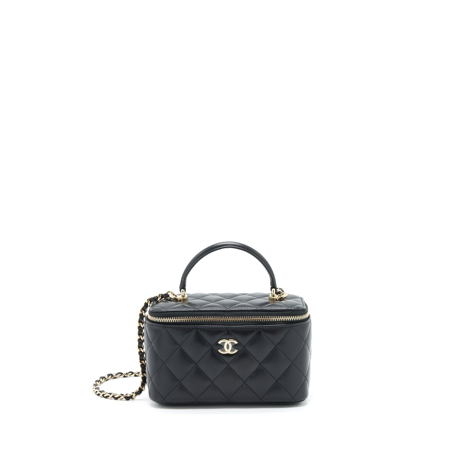 Chanel Top Handle Long Vanity With Chain Lambskin Black