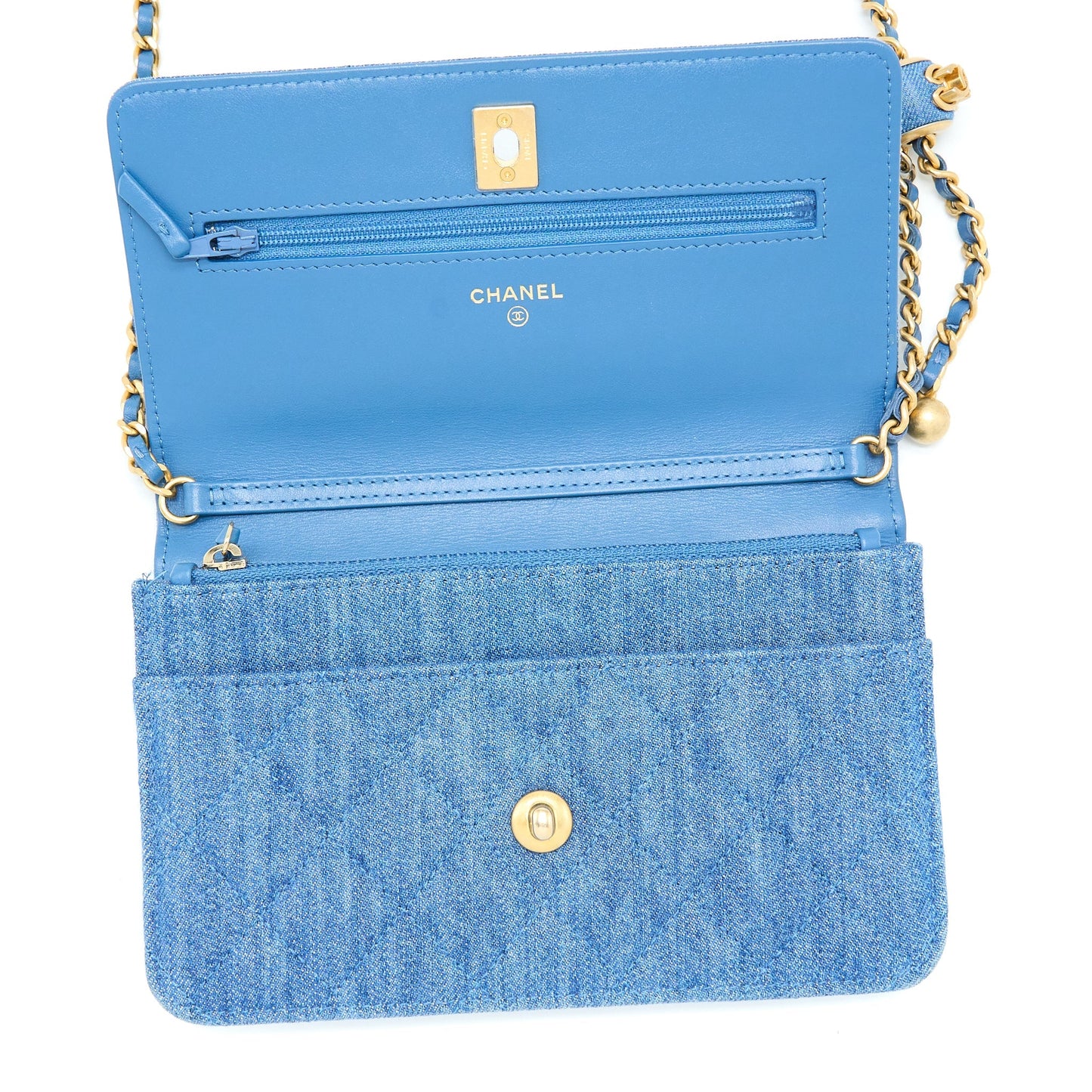 Chanel Denim Pearl Crush Wallet On Chain Denim Blue Brushed