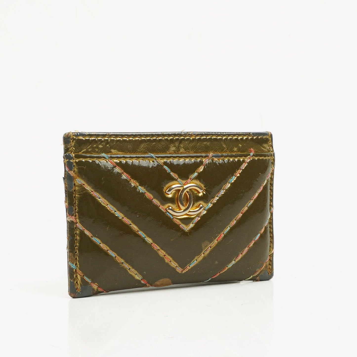 Chanel Metallic Gold Calfskin Chevron Quilted Card Holder
