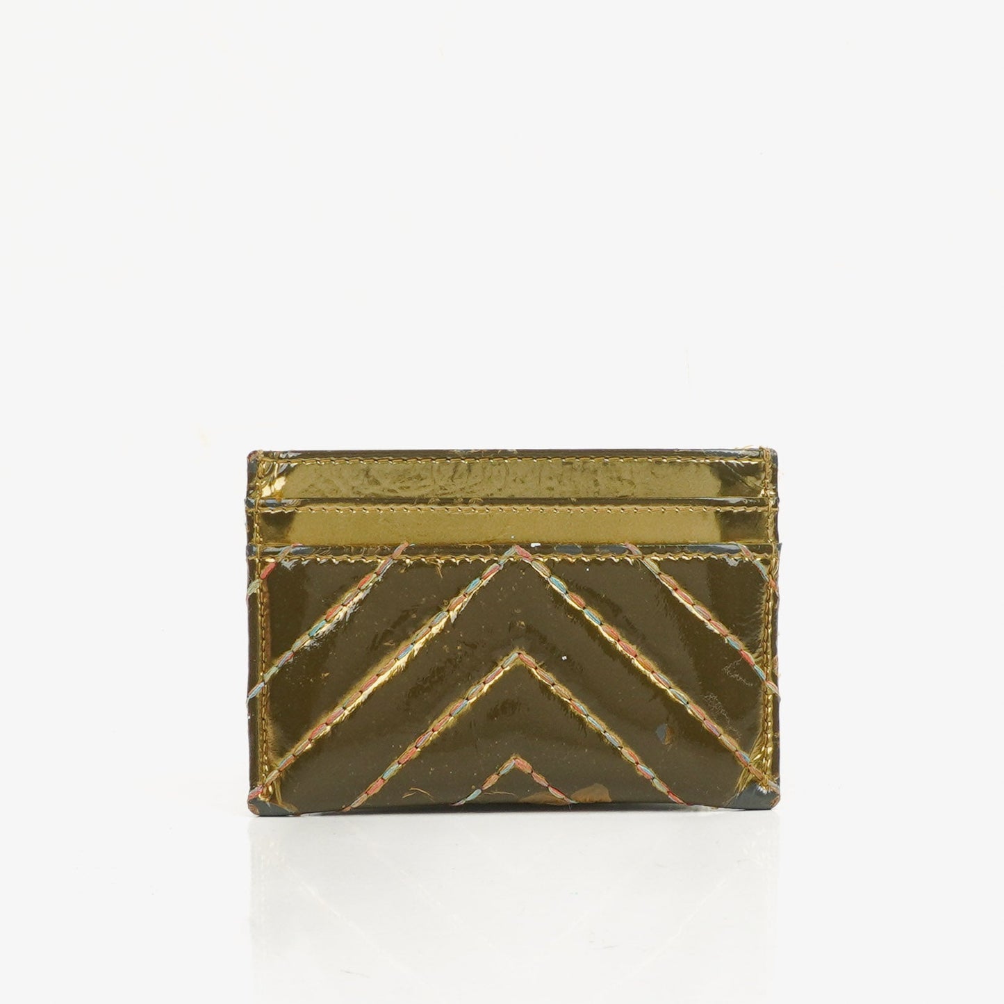 Chanel Metallic Gold Calfskin Chevron Quilted Card Holder