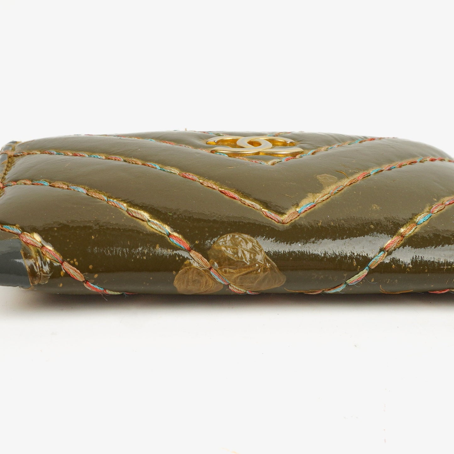 Chanel Metallic Gold Calfskin Chevron Quilted Card Holder