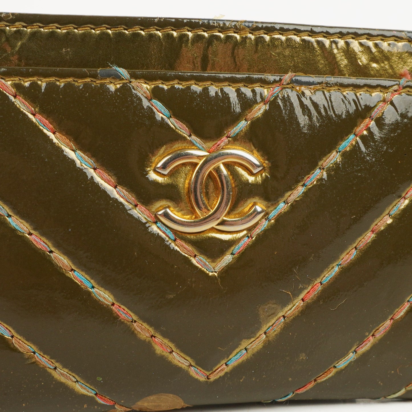 Chanel Metallic Gold Calfskin Chevron Quilted Card Holder