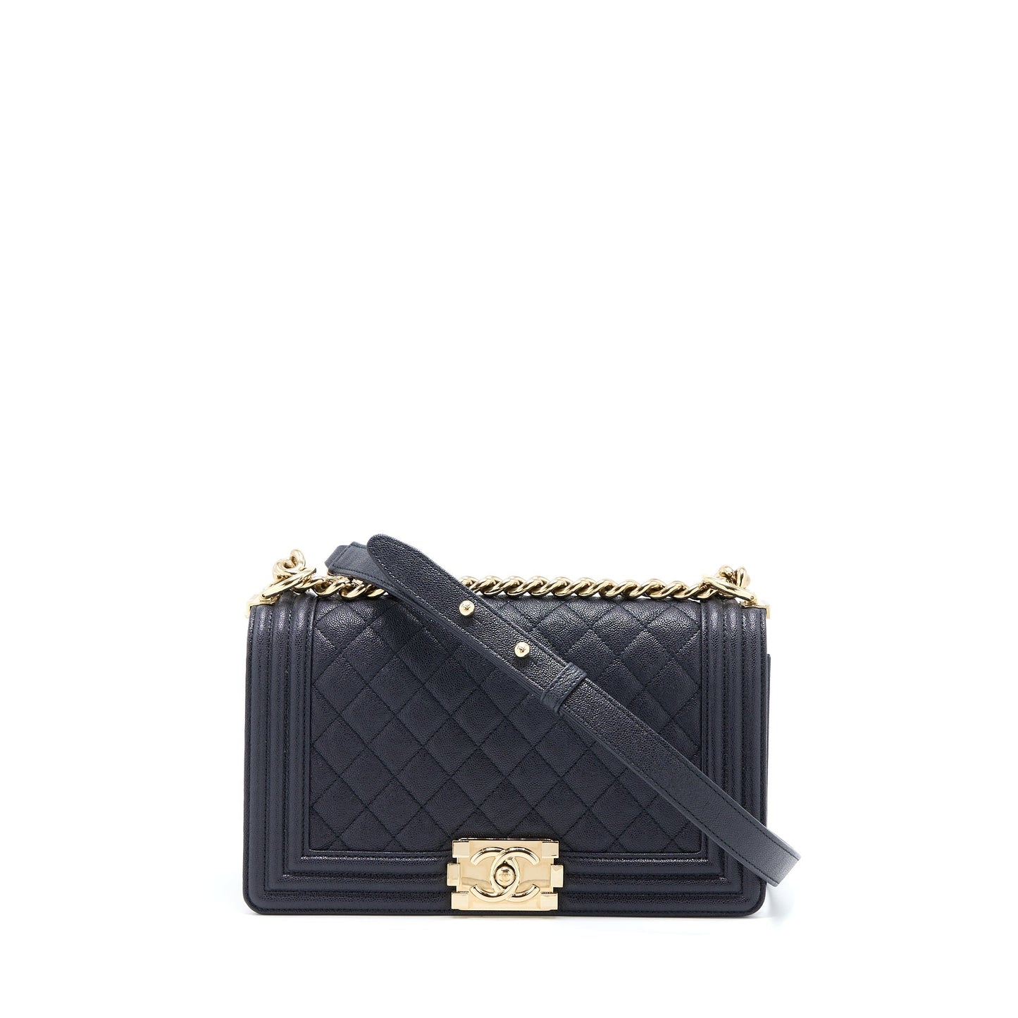 Chanel Medium Boy Bag Grained Calfskin Dark Blue L