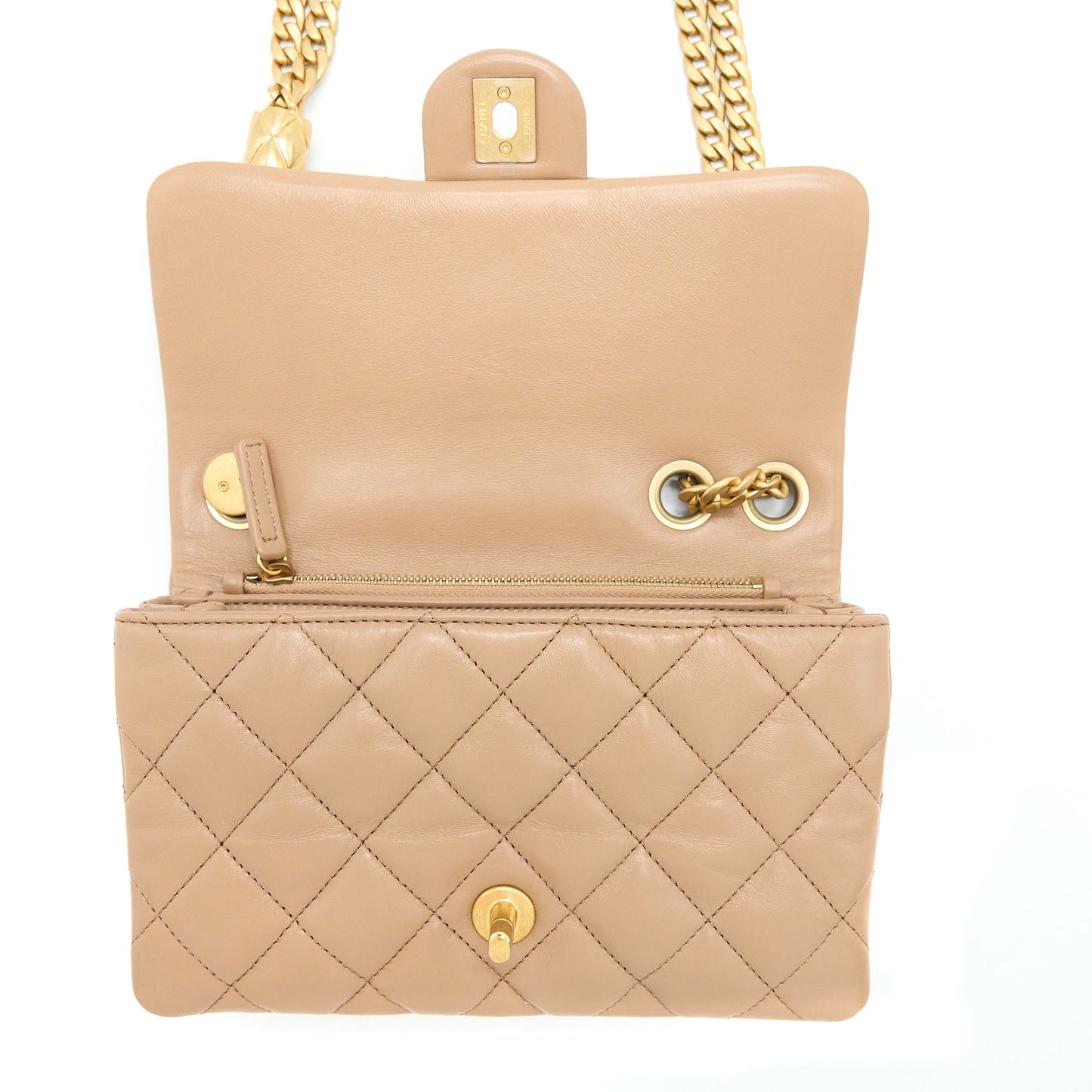 Chanel 22K Gold Pillar Adjustable Chain Flap Bag Lambskin Beige  (Microchip)