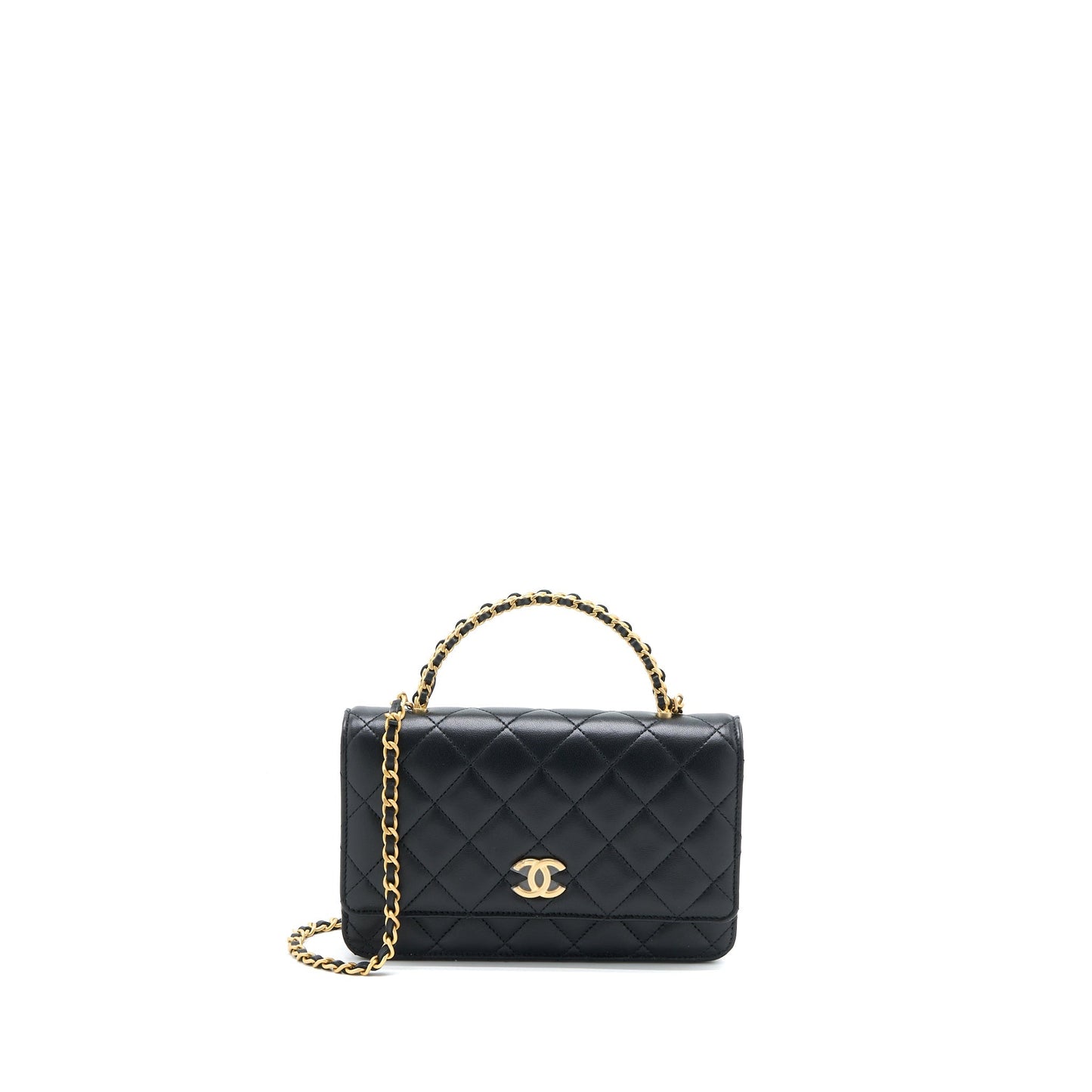 Chanel Detailed Top Handle Wallet on Chain Lambskin Black  (Microchip)
