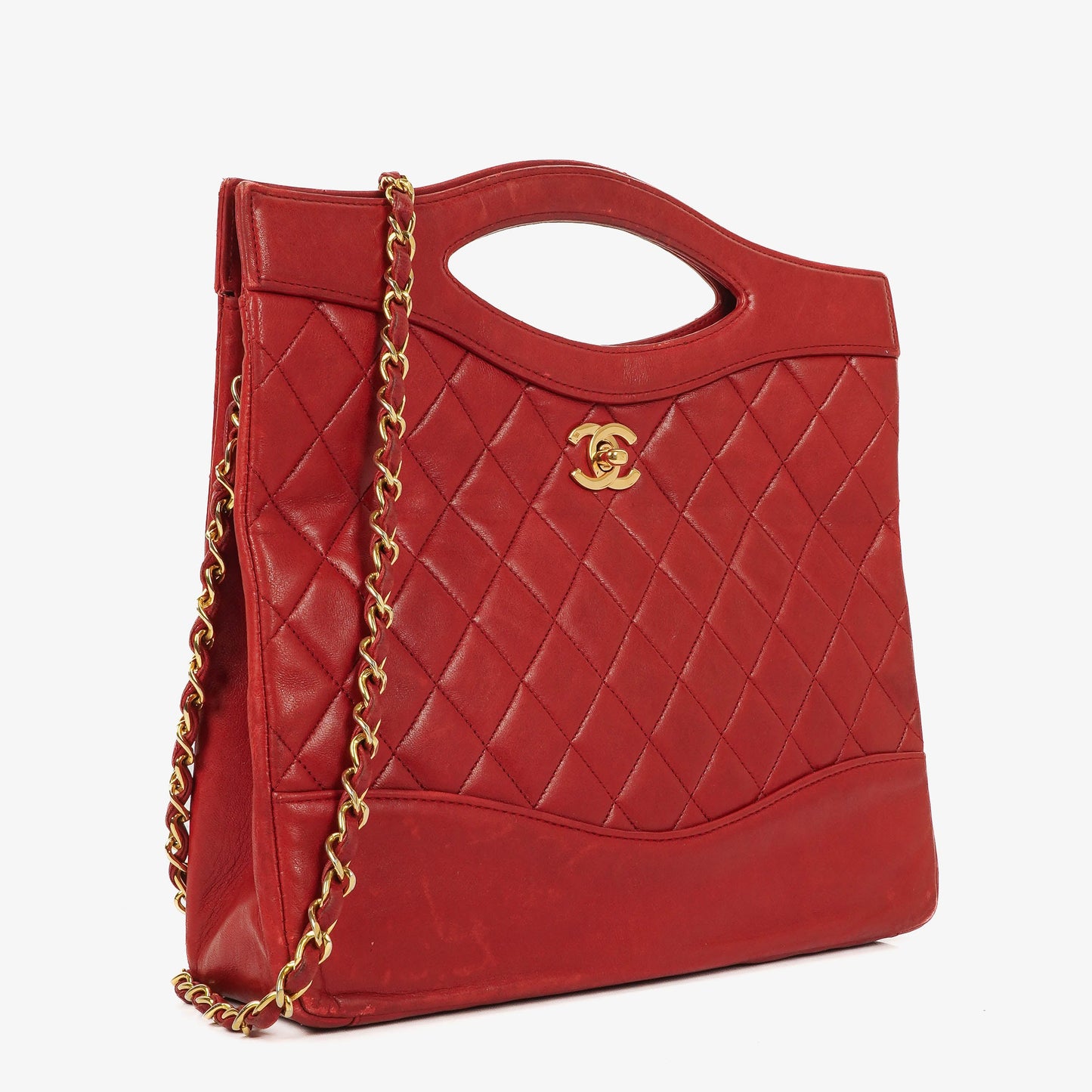 Chanel Red Lambskin Quilted Small 31  Shopping Tote Bag