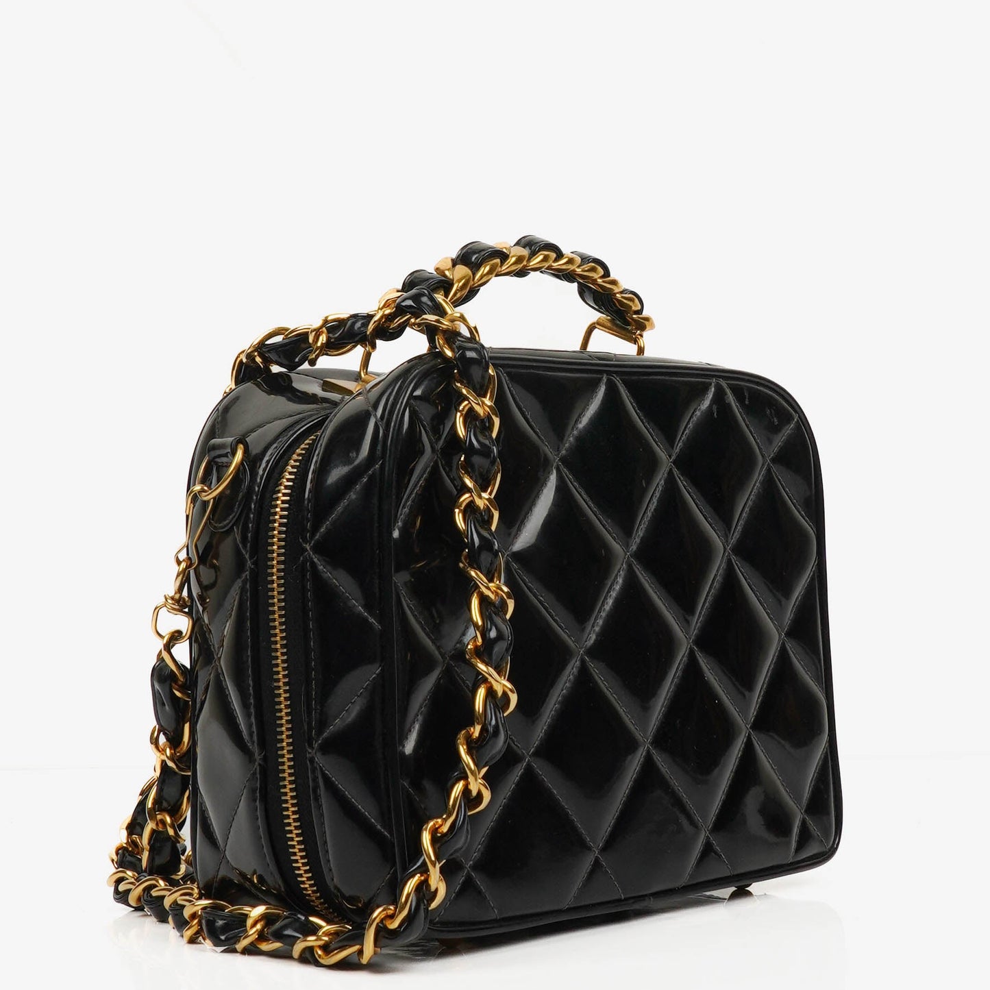 Chanel Lunch Box Black Quilted Patent Leather Tote Bag