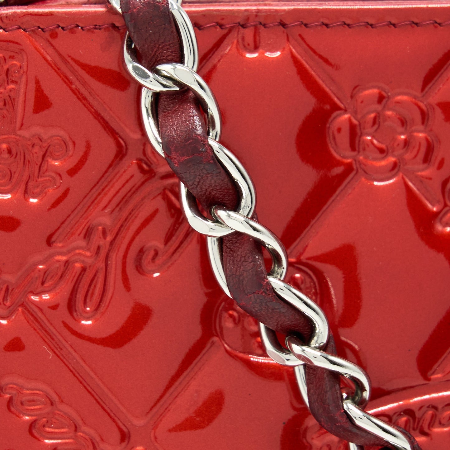 Chanel  Leather Charm Printed Chain Shoulder Bag Red