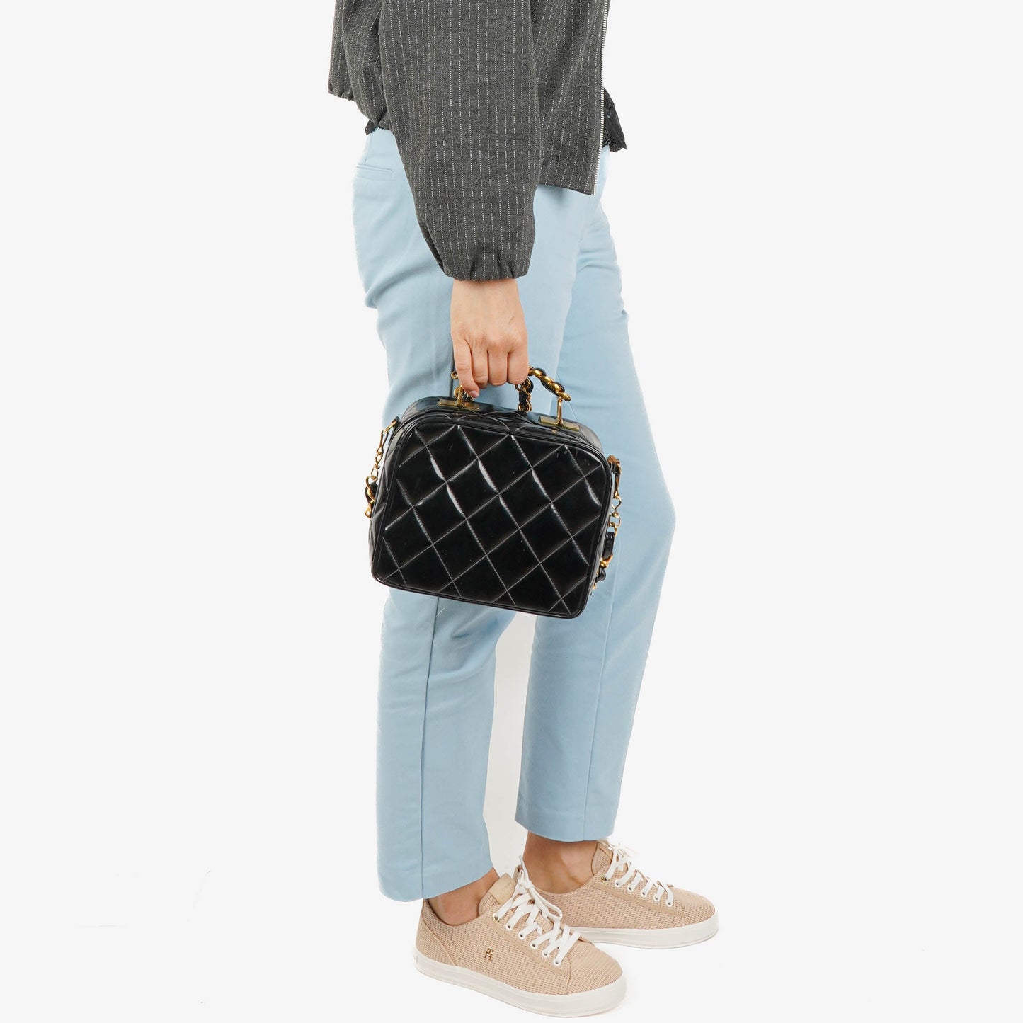 Chanel Lunch Box Black Quilted Patent Leather Tote Bag