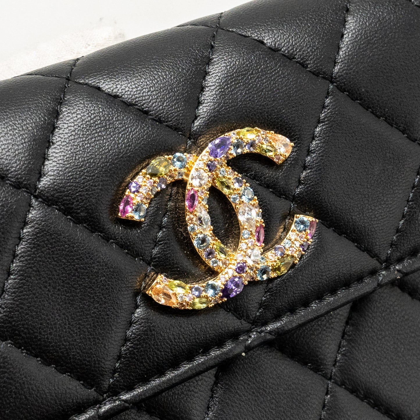 Chanel Zirconium Flap Clutch/Card Holder with Chain Lambskin Black