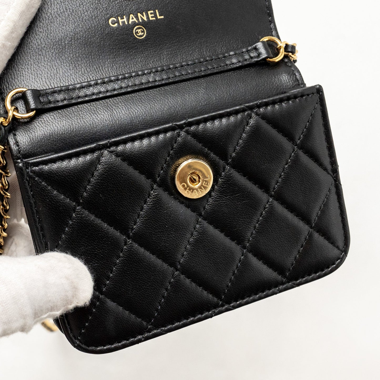 Chanel Zirconium Flap Clutch/Card Holder with Chain Lambskin Black