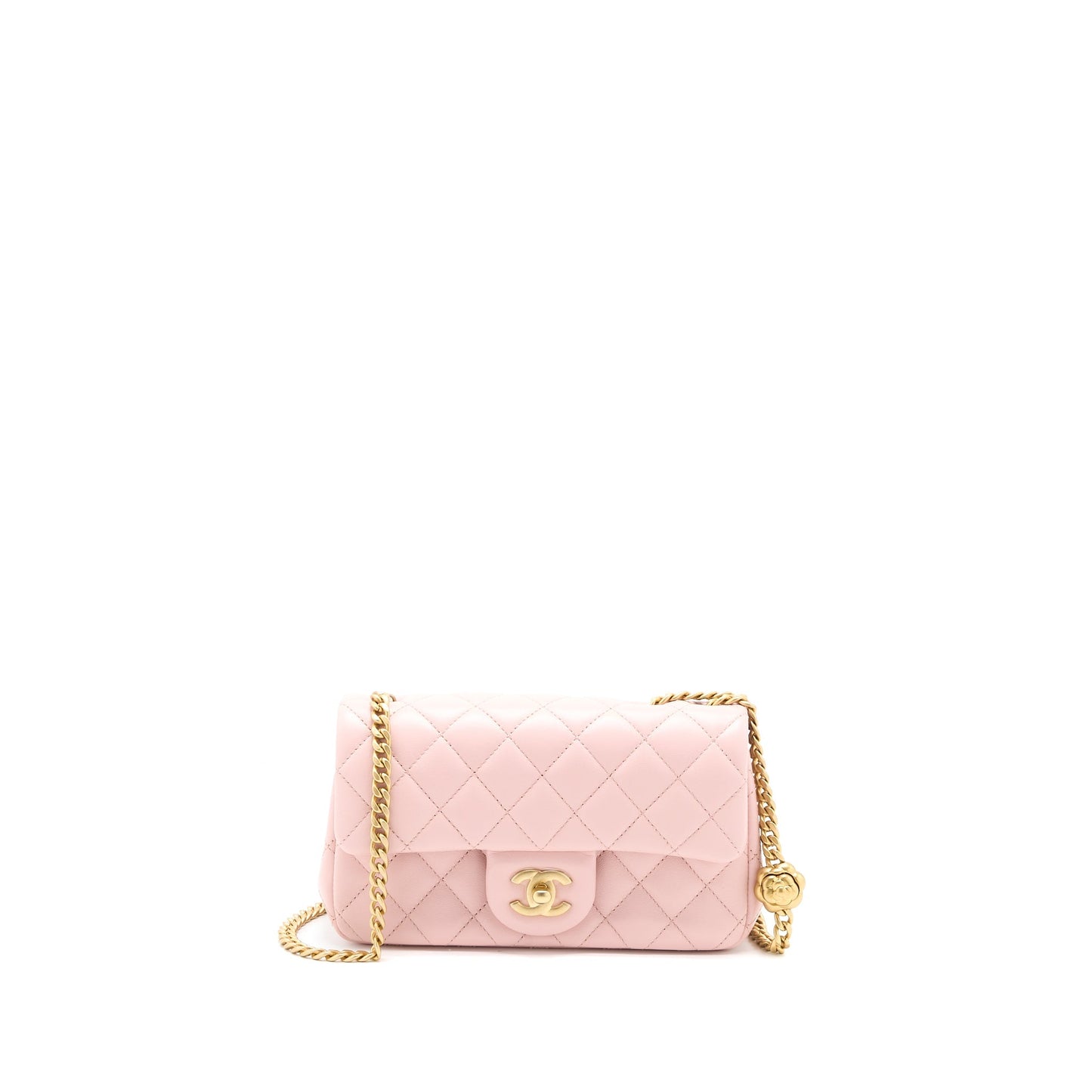 Chanel 23S Camellia Chain Mini Rectangular Flap Bag Lambskin Light Pink  (Microchip)