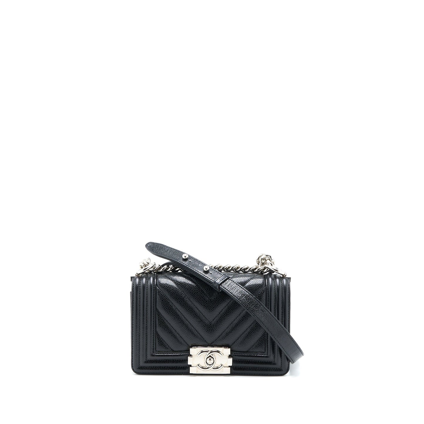 Chanel Small Chevron Boy Bag Shiny Grained Calfskin Black
