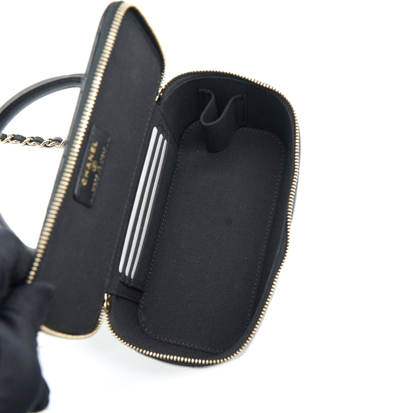 Chanel Top Handle Long Vanity With Chain Lambskin Black