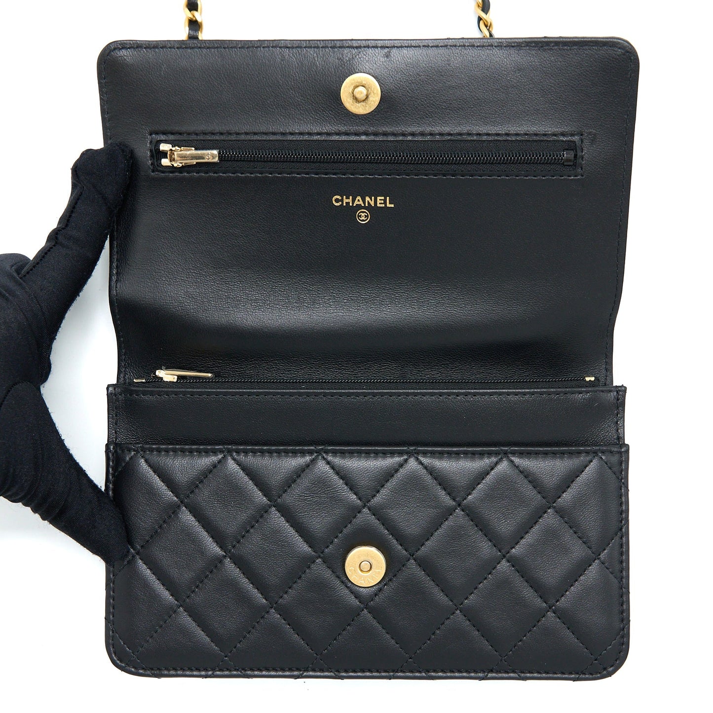 Chanel Top Handle Wallet On Chain Lambskin Black Brushed  (Microchip)