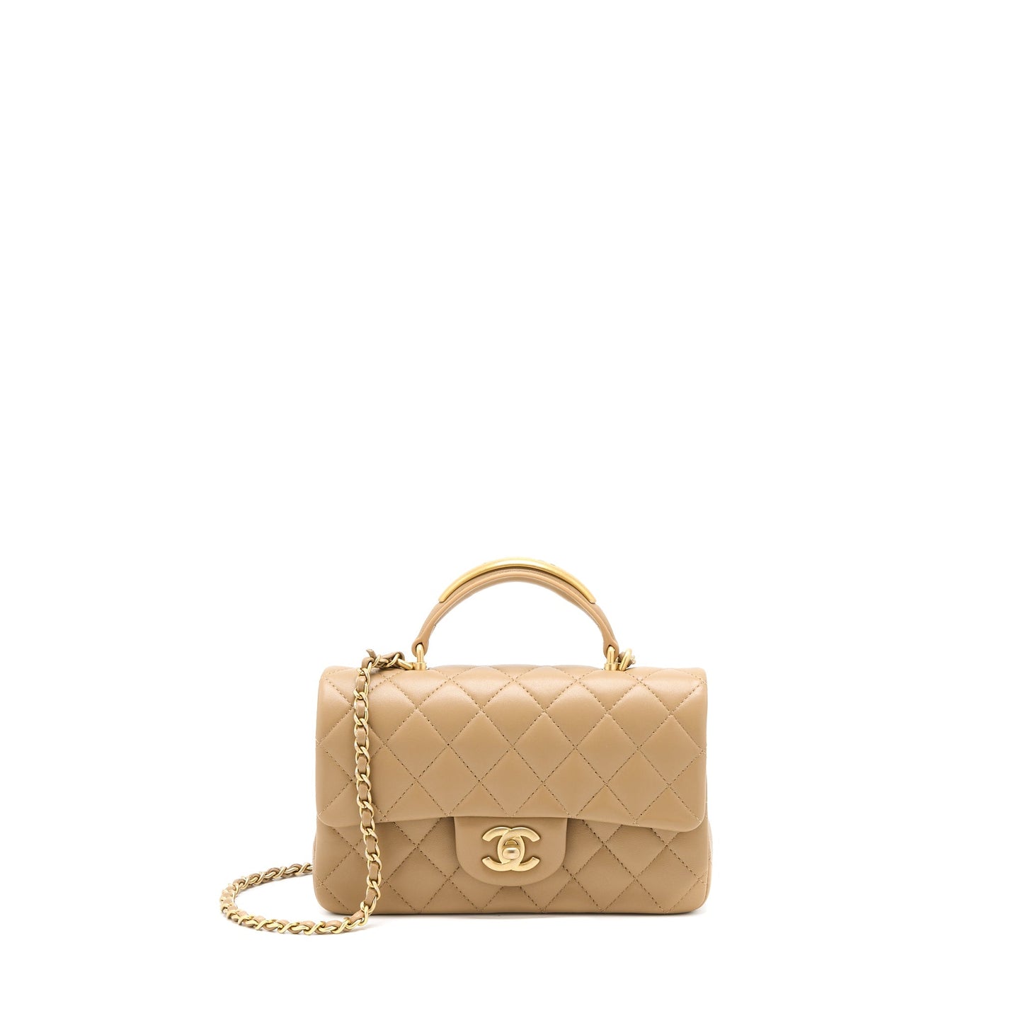 Chanel 22B Detail Top Handle Mini Rectangular Lambskin NJ528 Dark Beige Brushed