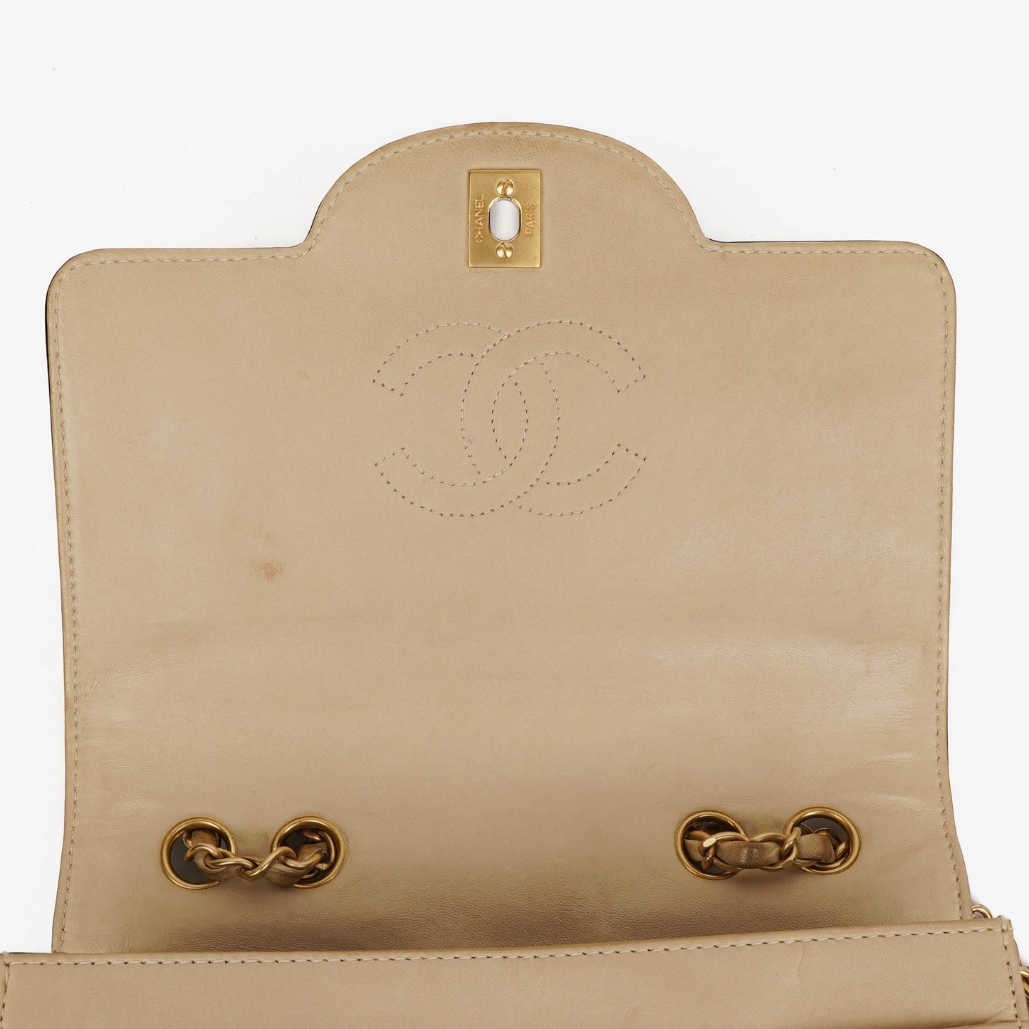 Chanel  Chocolate Bar Square Single Flap Beige Quilted Leather/Patent Leather Chain Shoulder Bag