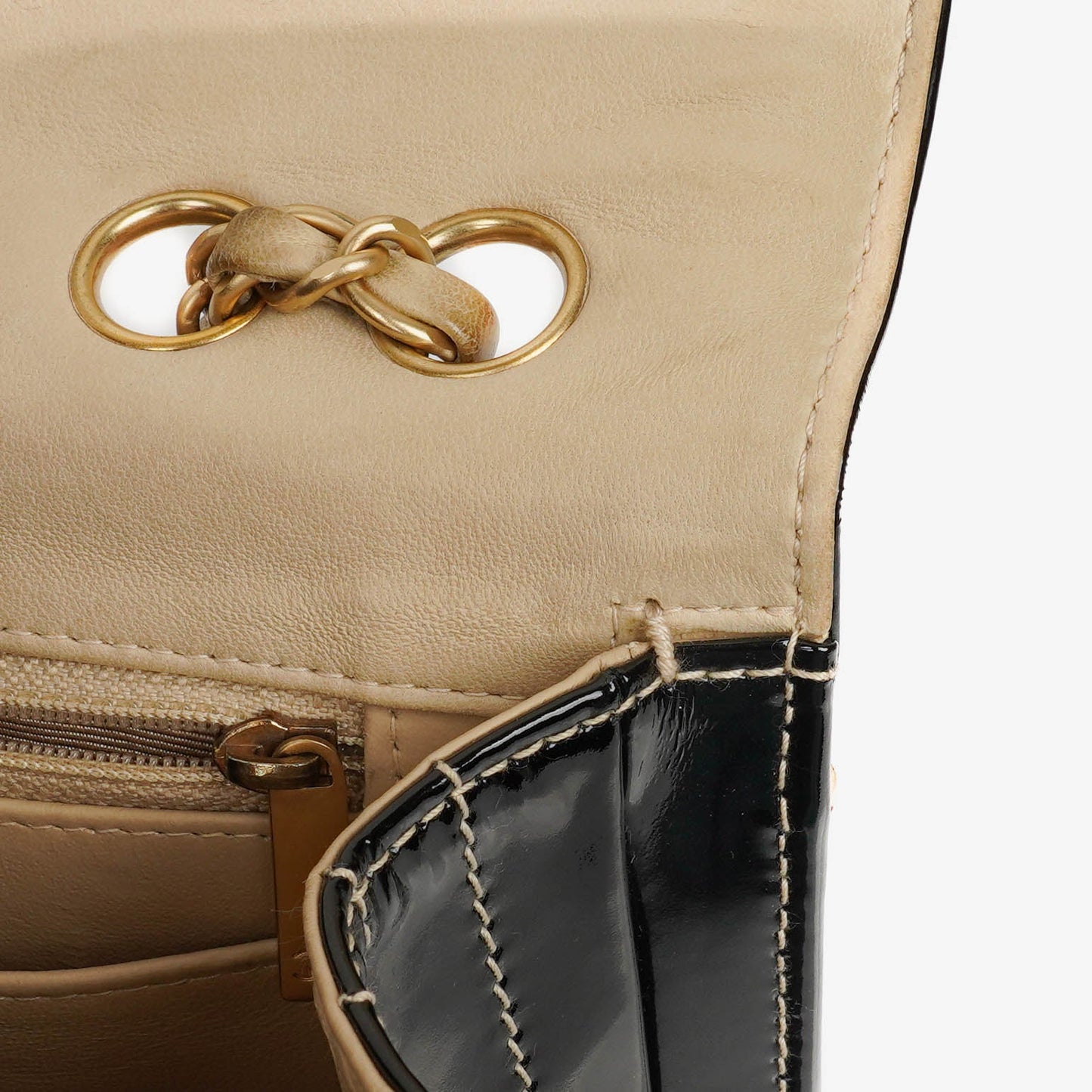 Chanel  Chocolate Bar Square Single Flap Beige Quilted Leather/Patent Leather Chain Shoulder Bag